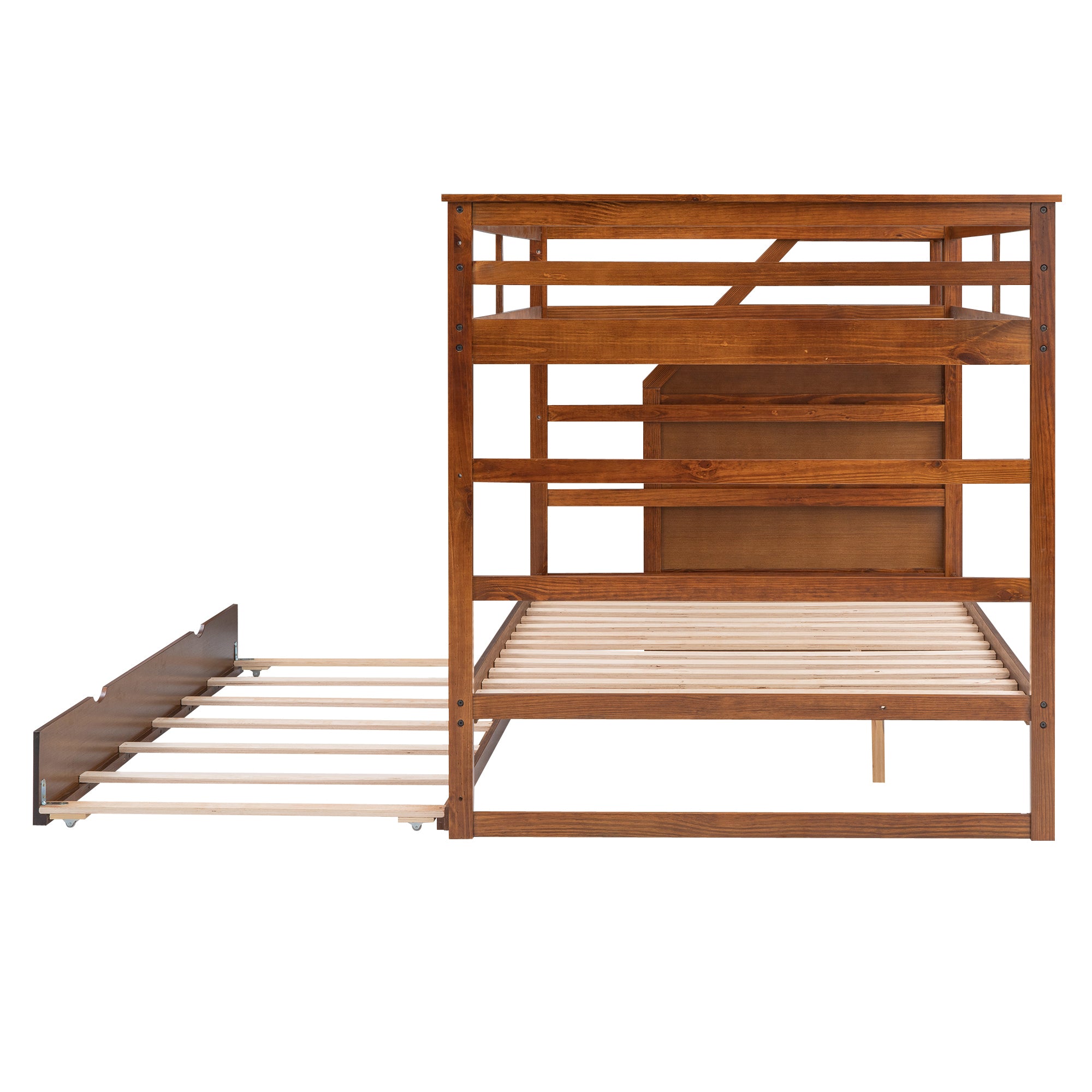 Full-over-Full Bunk Bed with Twin Size Trundle and 3 Storage Stairs,Walnut