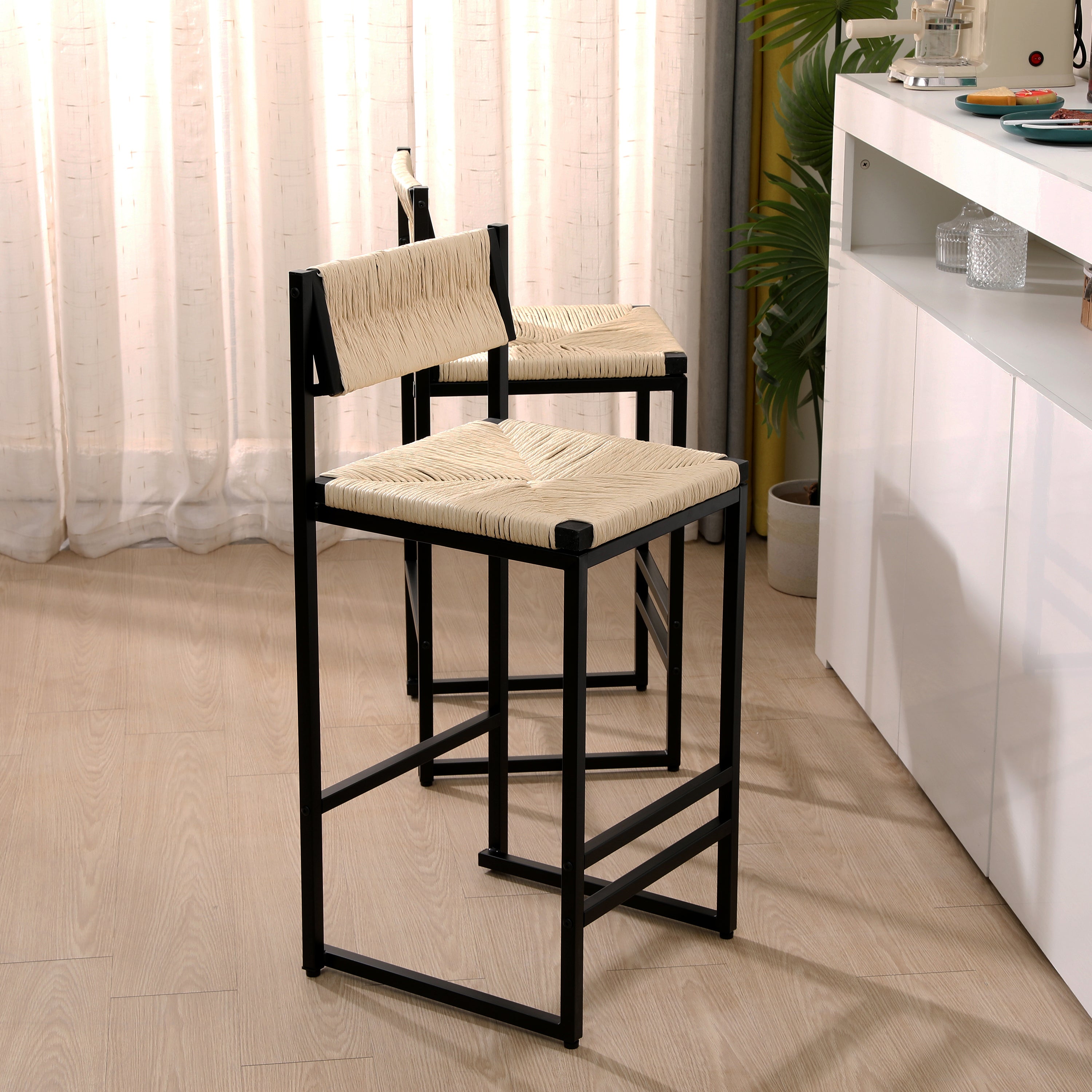 Creamy White Paper Rope Woven Bar Stools Set of 2 Hand Weave Counter Stool with footrest for Kitchen Island, Dining Room (Creamy White)