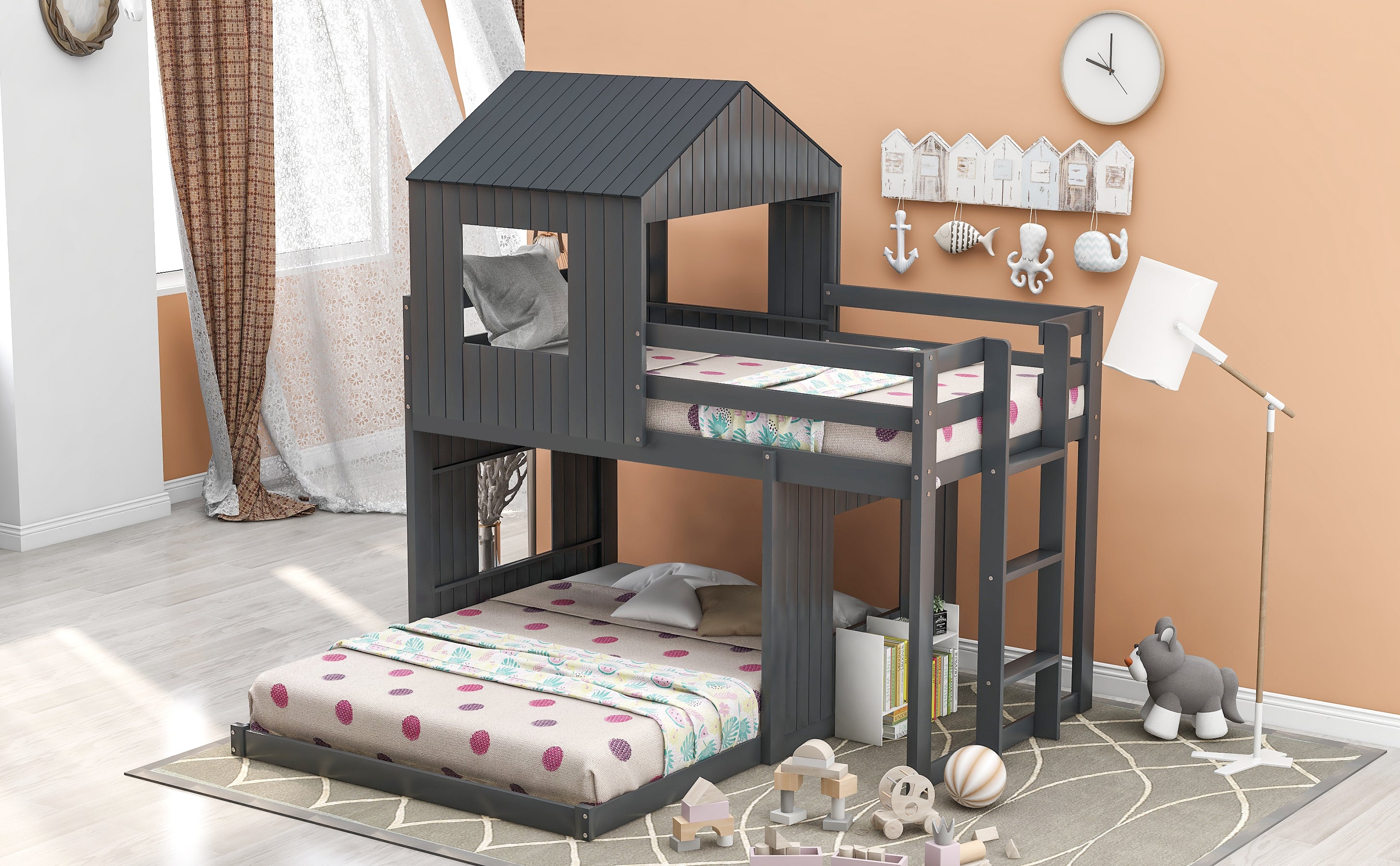 Wooden Twin Over Full Bunk Bed, Loft Bed with Playhouse, Farmhouse, Ladder and Guardrails , Gray( old sku: LT000027AAN )