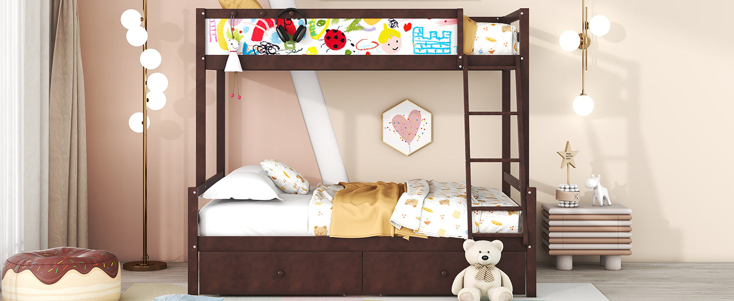 Wood Twin over Full Bunk Bed with Whiteboard, 3 Hooks and 2 Drawers, Espresso