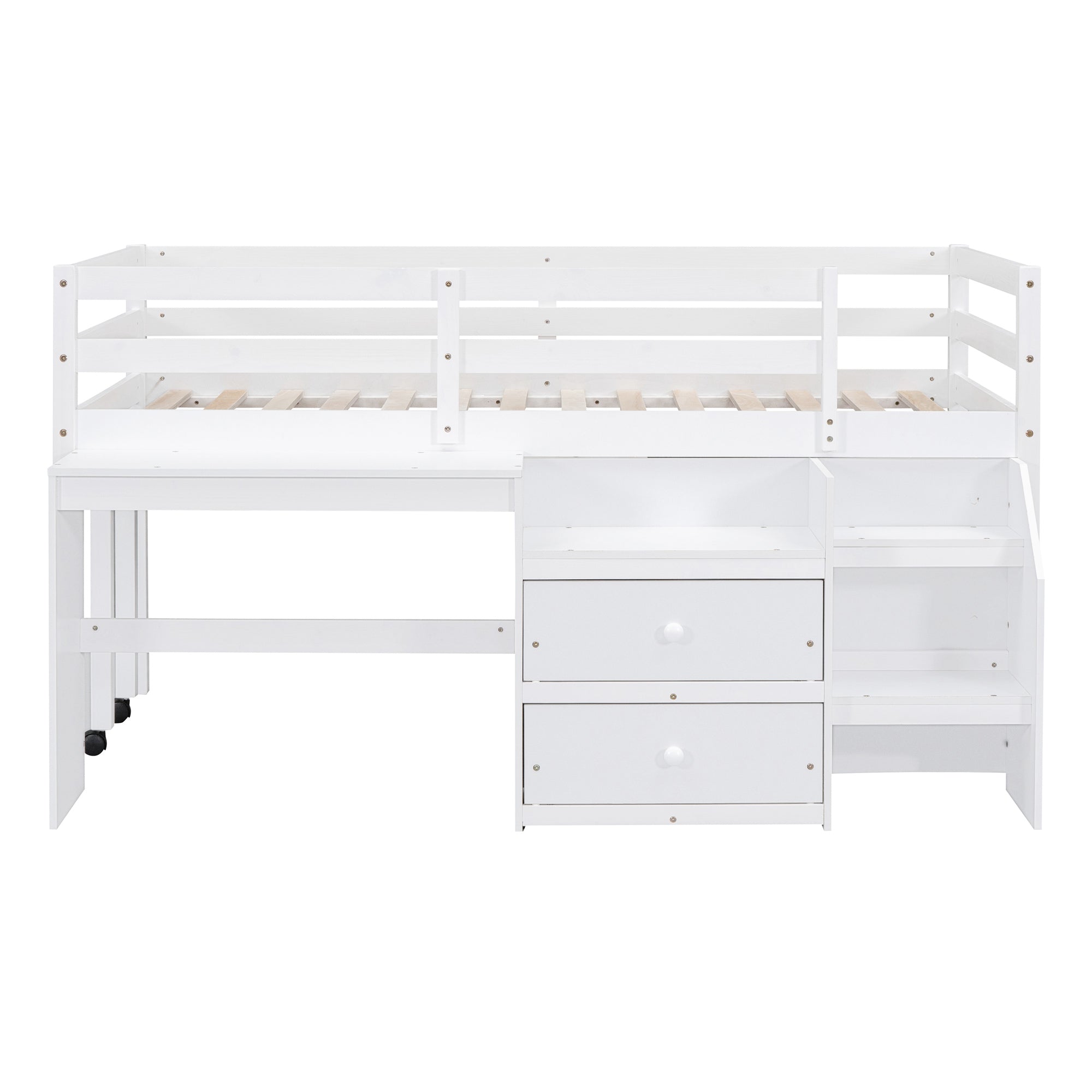 Twin Size Loft Bed with Desk and Drawers, Wooden Loft Bed with Lateral Portable Desk, White