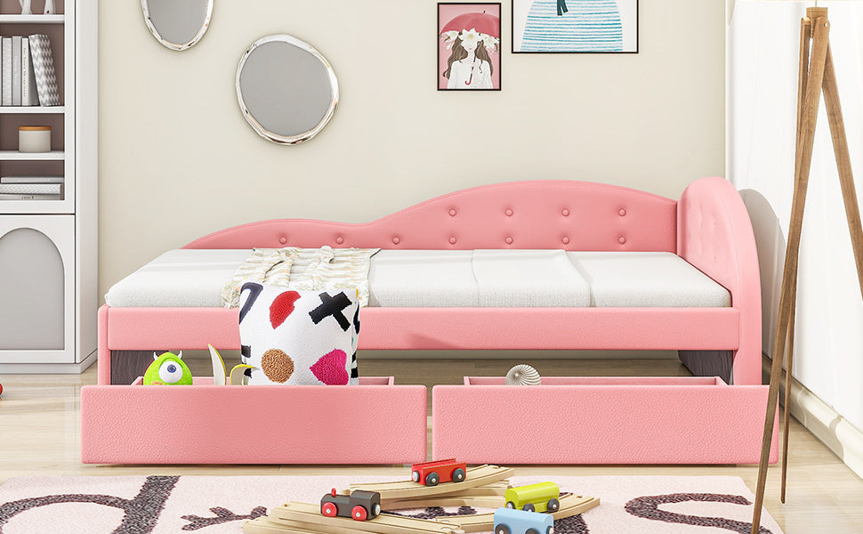 Twin Size PU Upholstered Tufted Daybed with Two Drawers and Cloud Shaped Guardrail, Pink