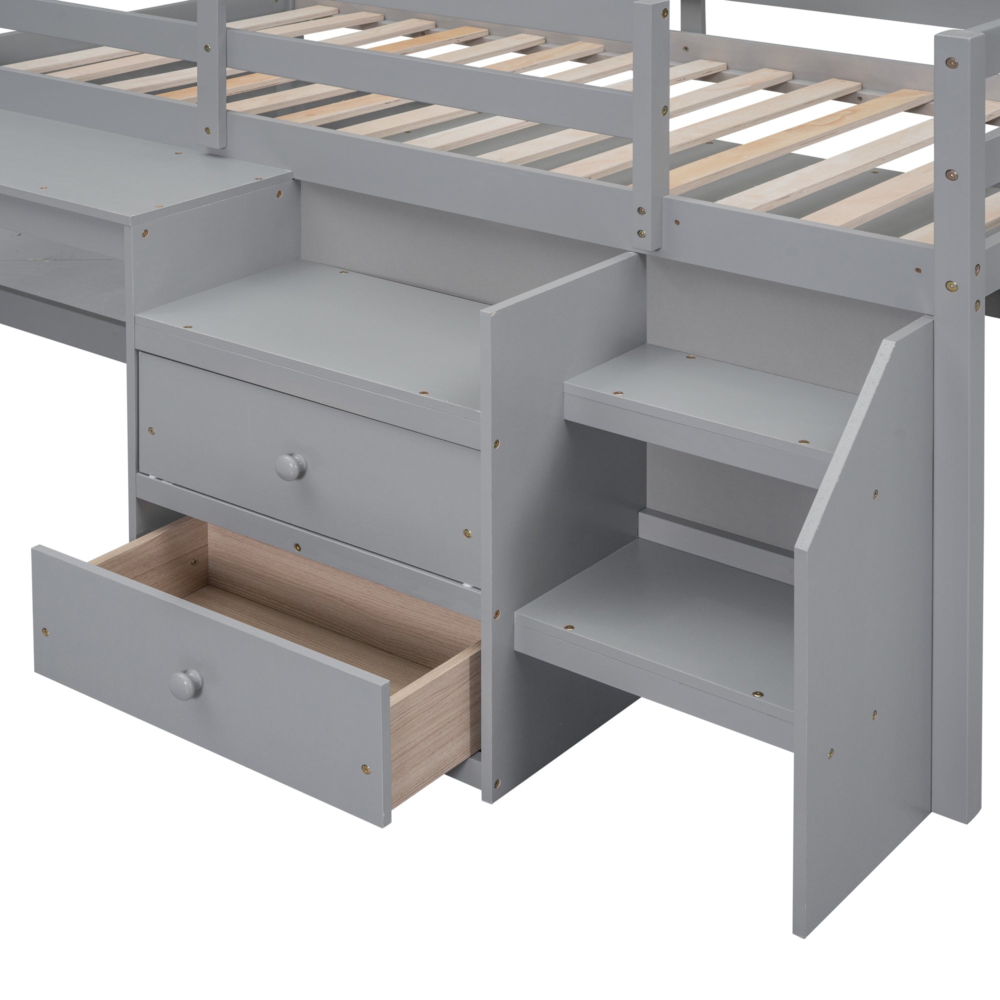 Twin Size Loft Bed with Desk and Drawers, Wooden Loft Bed with Lateral Portable Desk, Gray