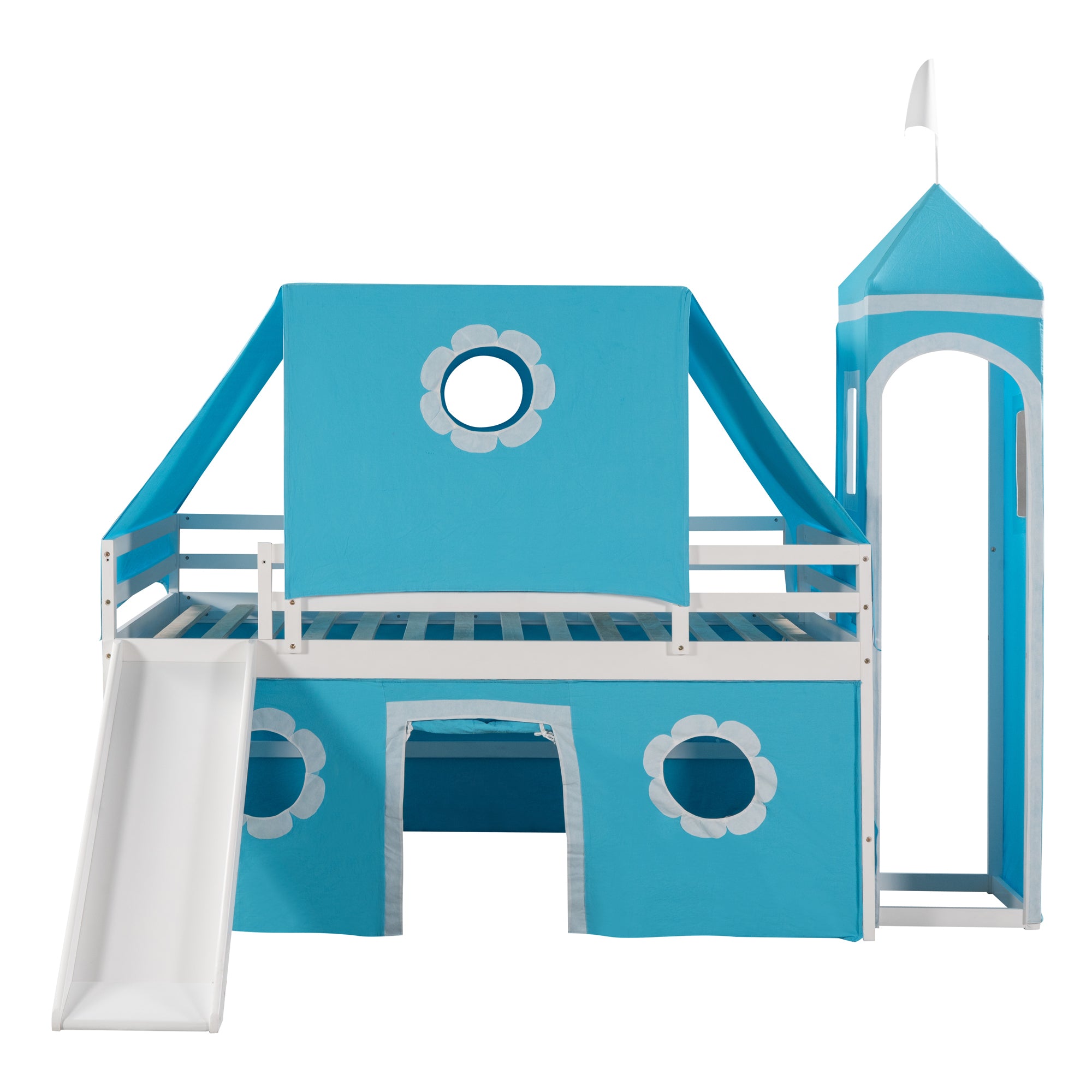 Full Size Bunk Bed with Slide Blue Tent and Tower - Blue