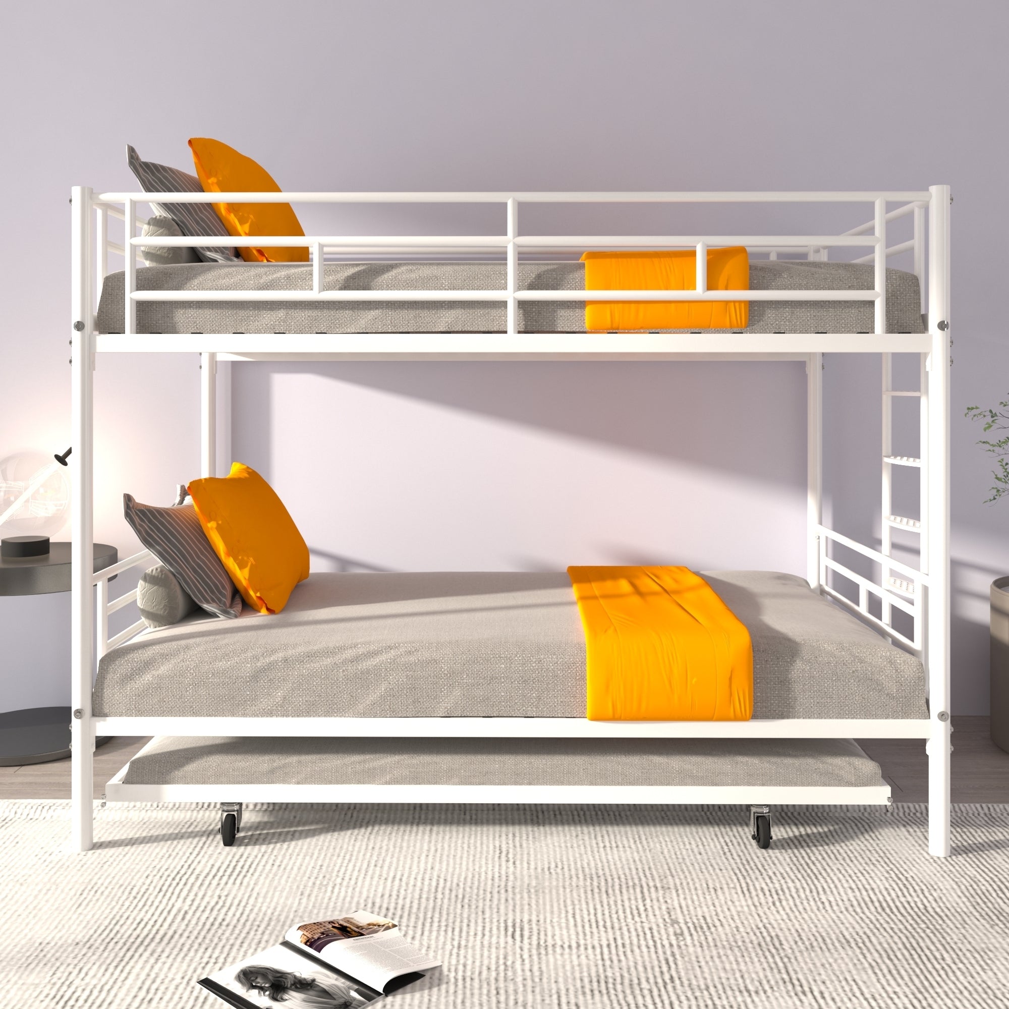 Bunk Bed Twin over Twin with Trundle White,CPC Certified,No Box Spring Needed,Heavy Duty,Easy to assemble