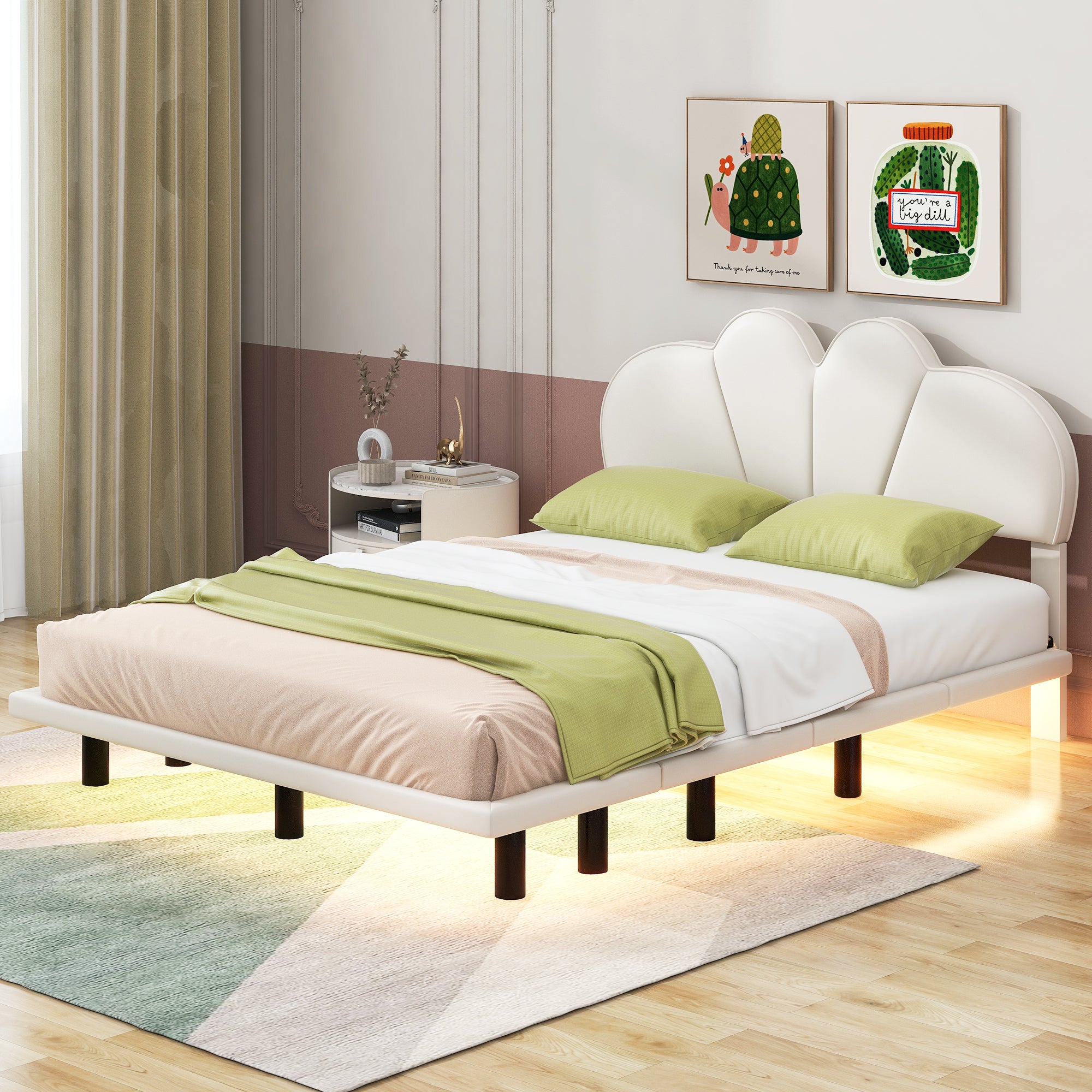Queen Size Upholstery Platform Bed with PU Leather Headboard and Support Legs,Underbed LED Light,Beige