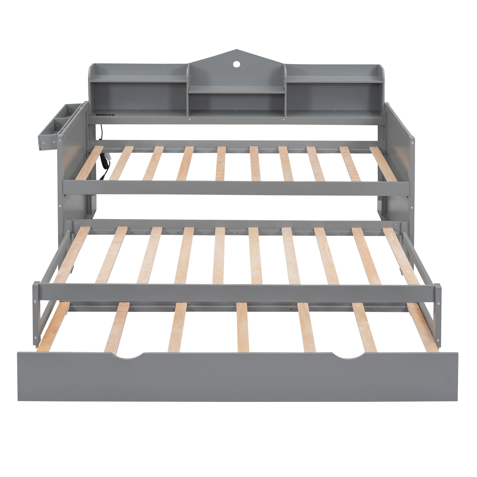 Twin XL Wooden Daybed with 2 Twin Trundles and Storage Shelf, Daybed with USB Charging Ports, No Box-spring Needed, Gray
