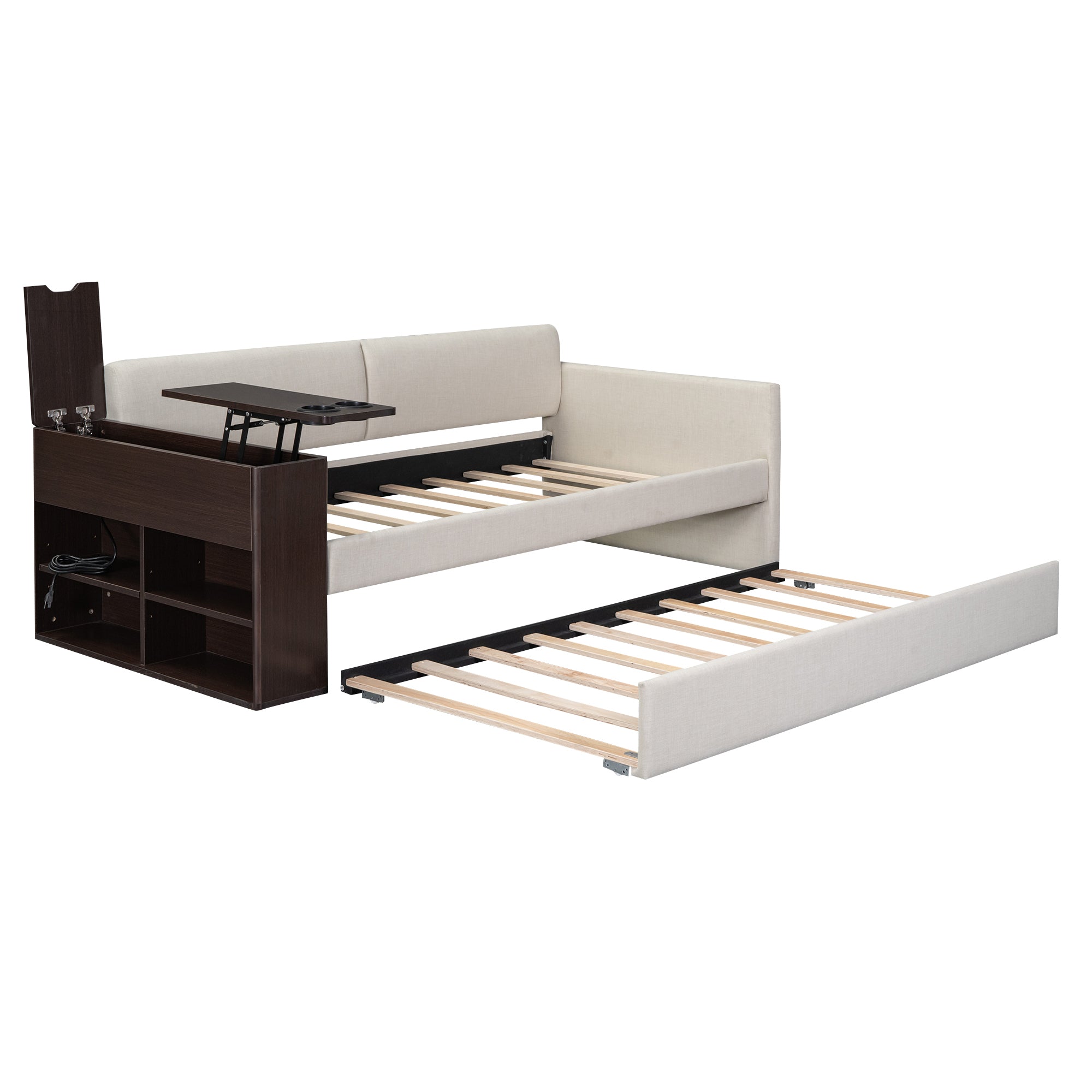 Twin Size Upholstery Daybed with Storage Arm, Trundle, Cup Holder and USB Design, Beige