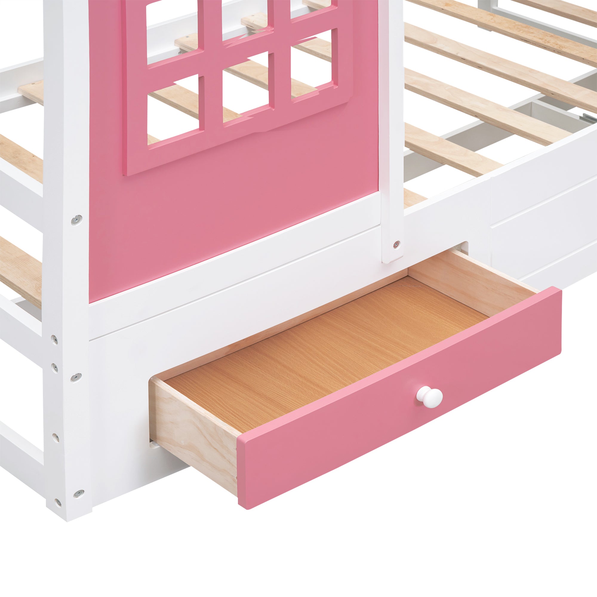 Twin Size Wood House Bed with 2 Drawers and Window Decoration, White+Pink