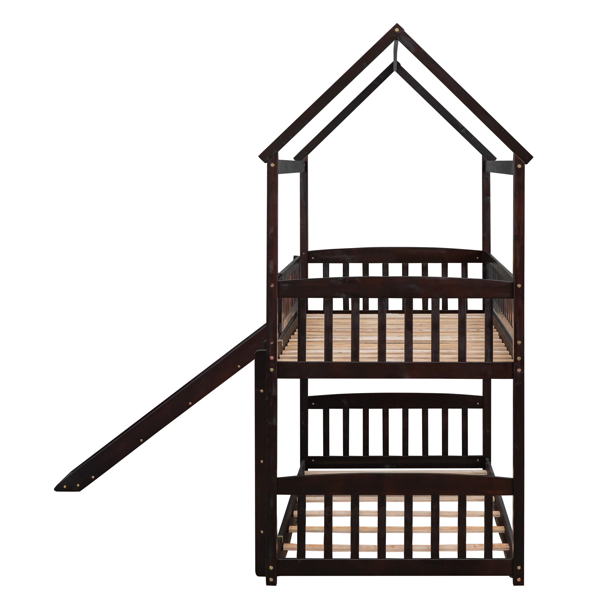 Twin Over Twin Bunk Bed with Slide, House Bed with Slide, Espresso(OLD SKU: LT000213AAP)