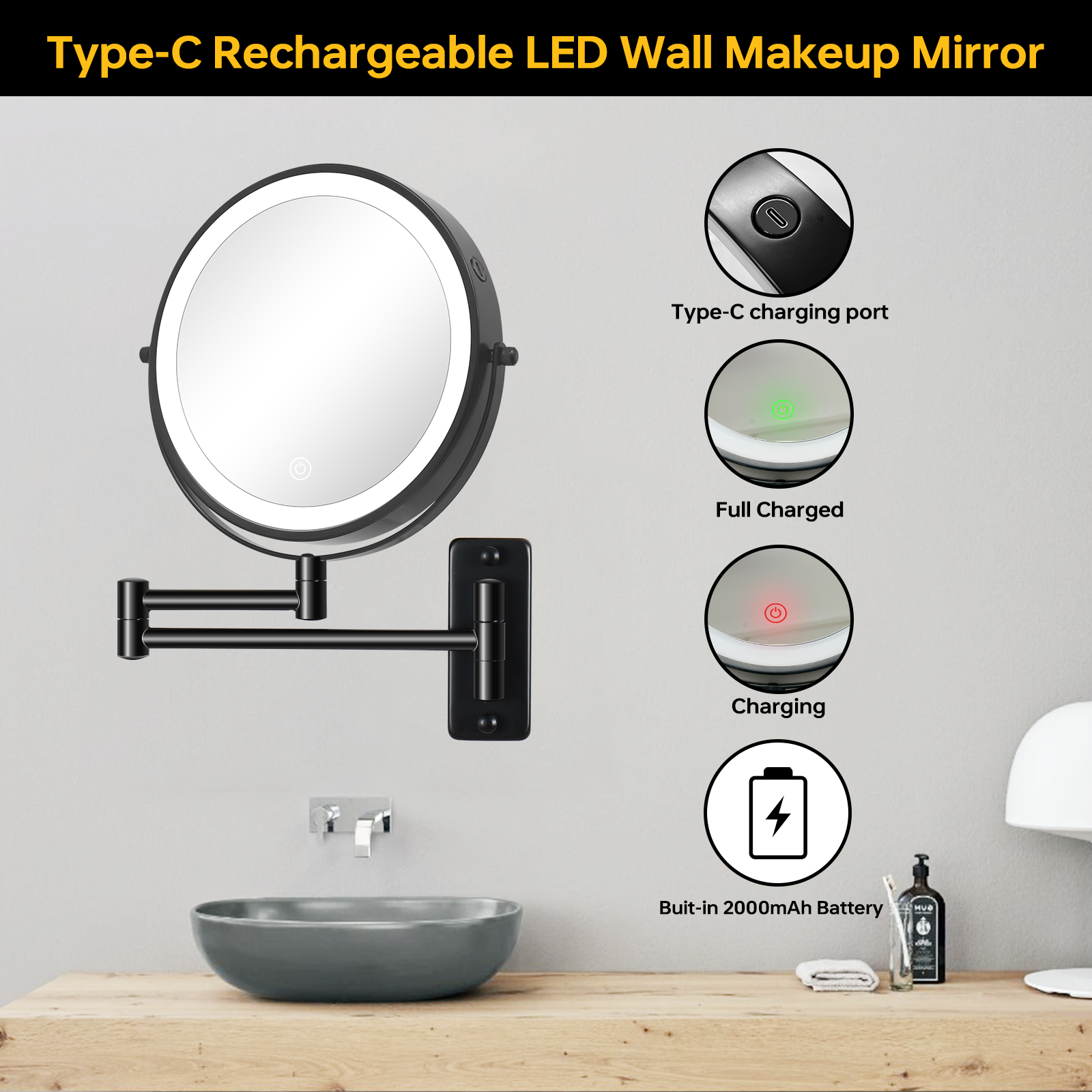 8 Inch Wall-Mounted Makeup Mirror, Double Sided 1x/10x Magnifying Makeup Mirror, 3 Colour Lights Touch Screen Dimmable Bathroom Mirror, 360° Swivel Vanity Mirror Built-In Battery (Black)