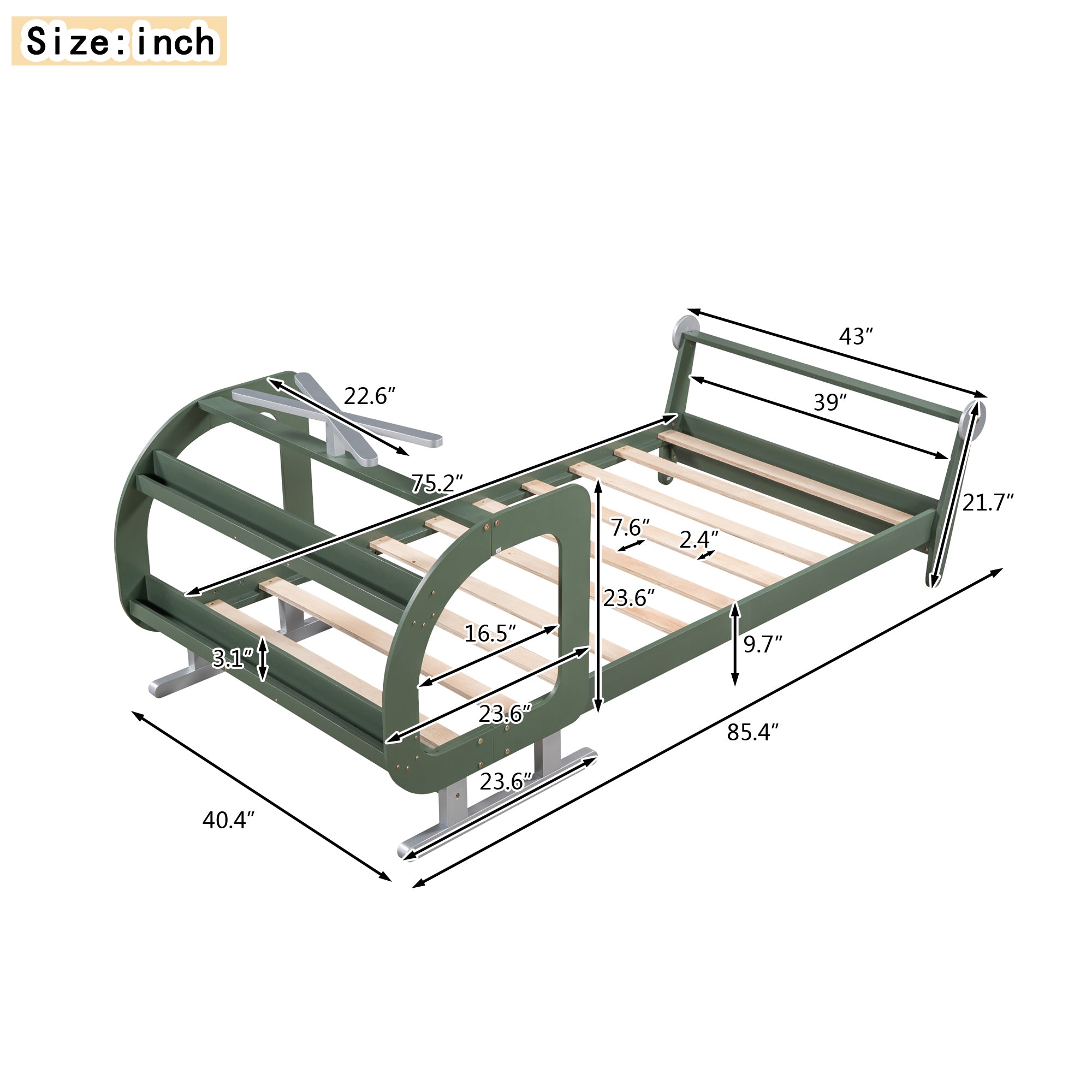 Twin Size Plane Shaped Platform Bed with Rotatable Propeller and Shelves, Green
