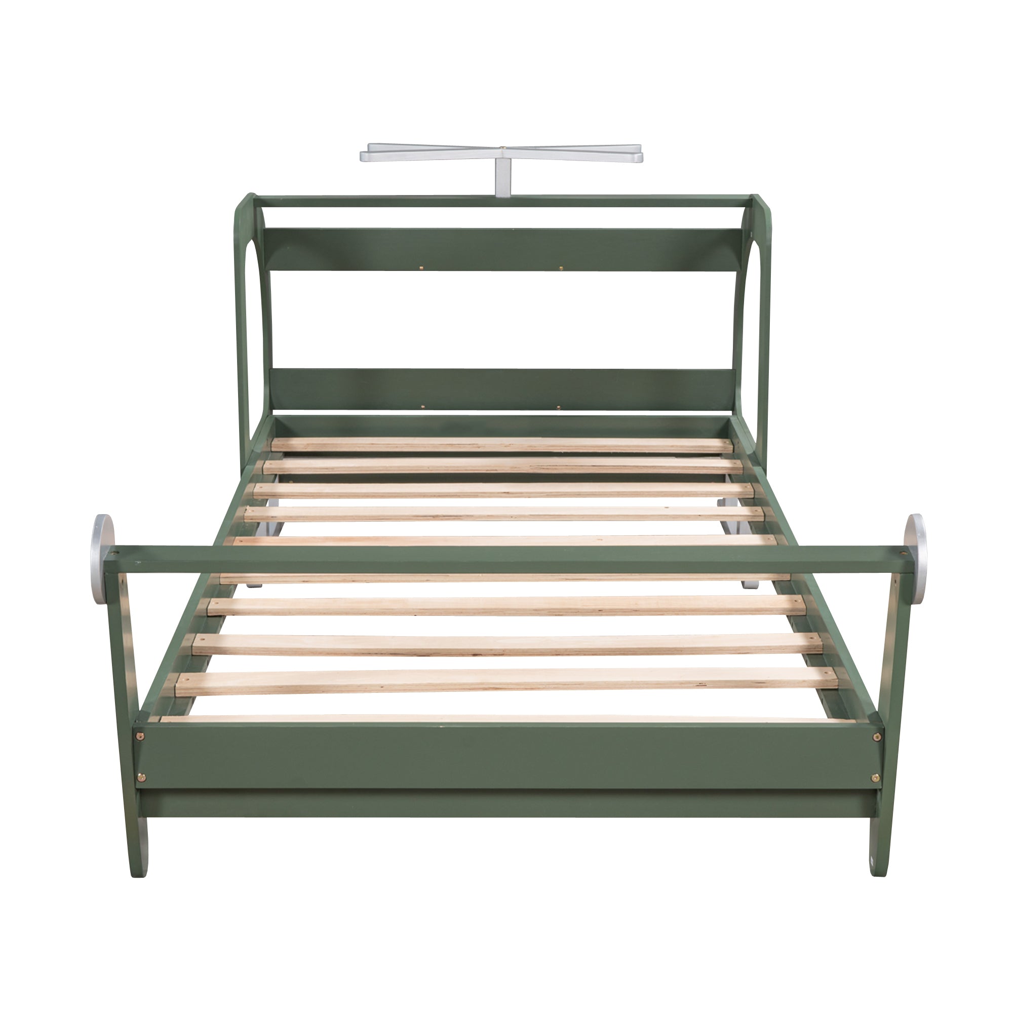 Twin Size Plane Shaped Platform Bed with Rotatable Propeller and Shelves, Green