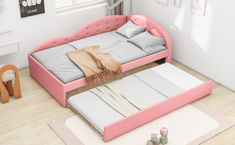 Twin Size PU Upholstered Tufted Daybed with Trundle and Cloud Shaped Guardrail, Pink