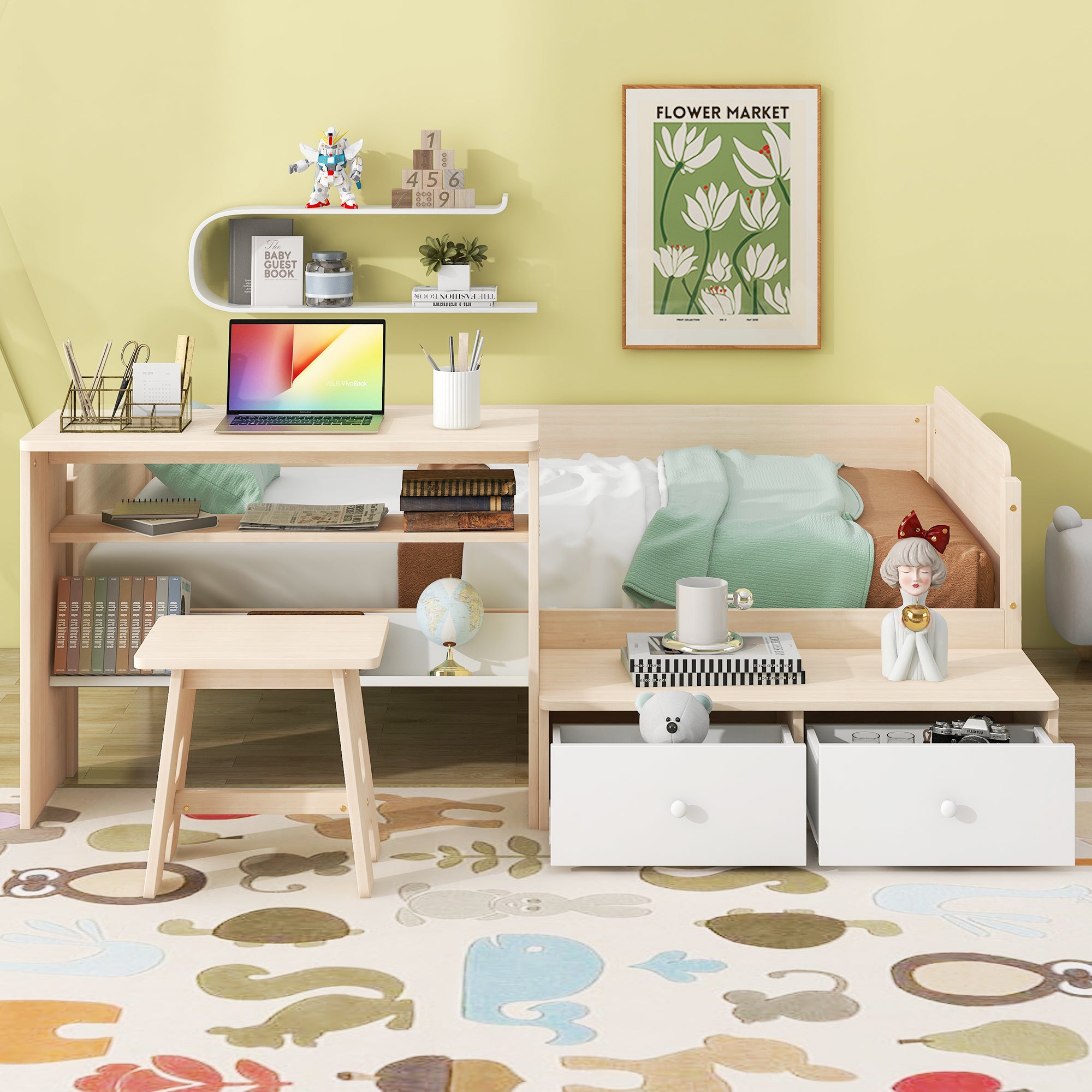 Wood Twin Size Platform Bed with 2 Drawers and 1 Chair&Desk Set, Natural+White(Expected Arrival Time: 11.22)