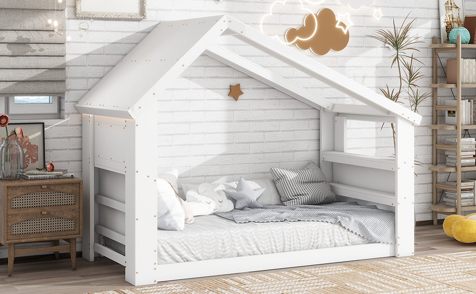 Twin House Floor Bed with Roof Window, LED Light,White