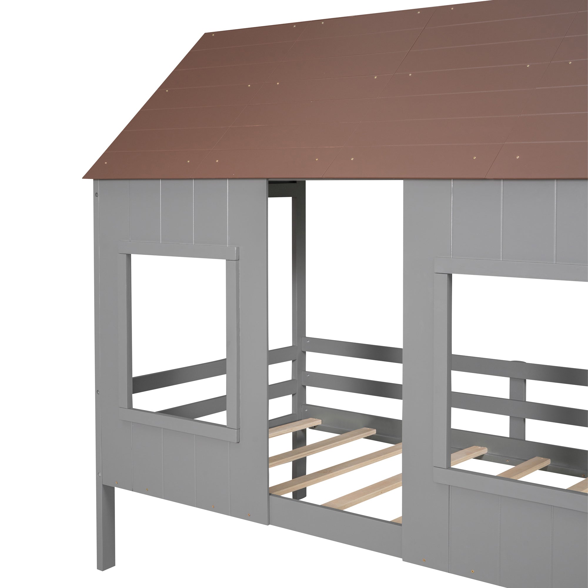Twin Size Low Loft Wood House Bed with Two Front Windows, (Gray+ Brown)(OLD SKU:LP000039AAL)