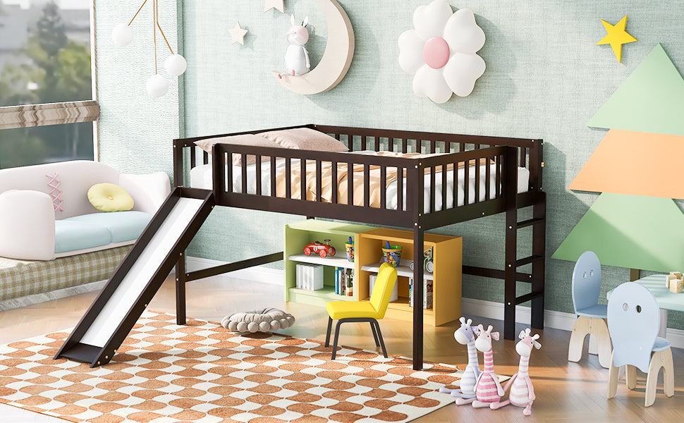Full Size Low Loft Bed with Ladder and Slide,Espresso