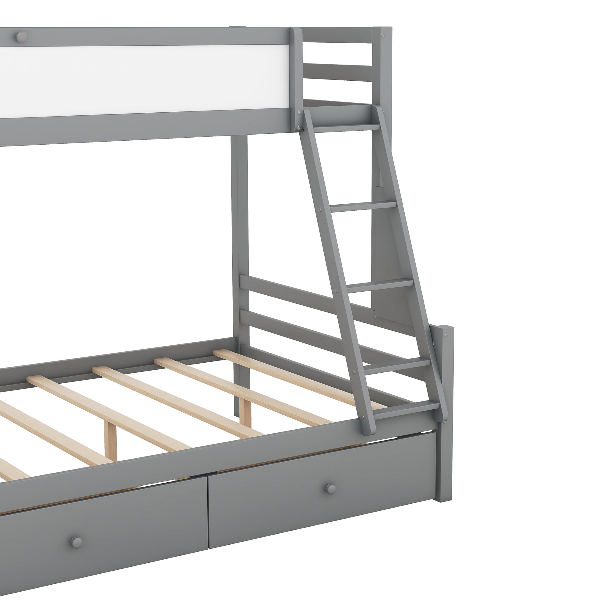 Wood Twin over Full Bunk Bed with Whiteboard, 3 Hooks and 2 Drawers, Grey