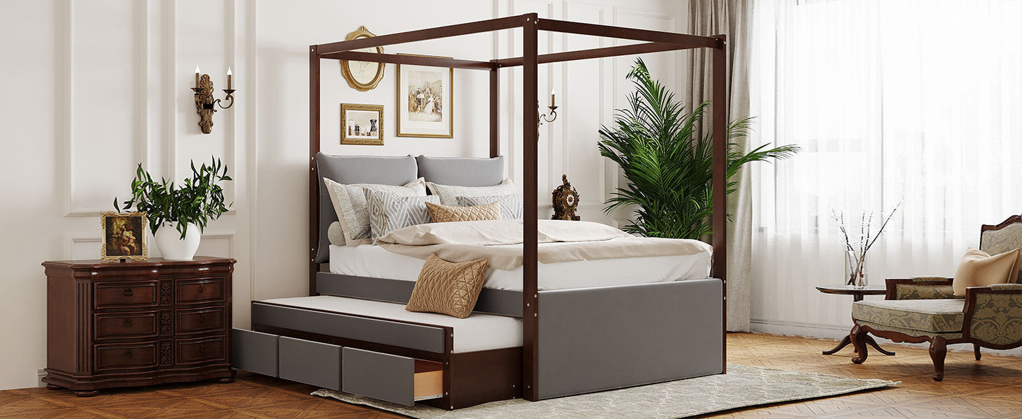 Full Size Upholstered Canopy Bed with Trundle and 3 Drawers, Gray