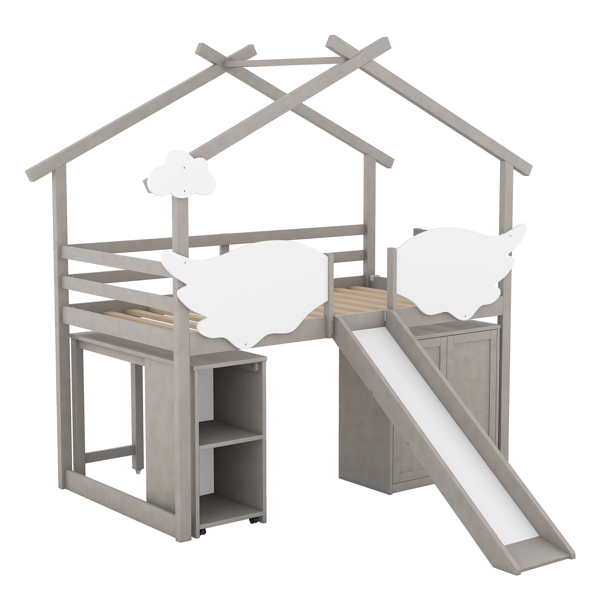 Twin Size House Bed with Wardrobe, Slide and Ladder, Wing-Shaped Fence, Pullable Desk with Storage, Worn Gray+White
