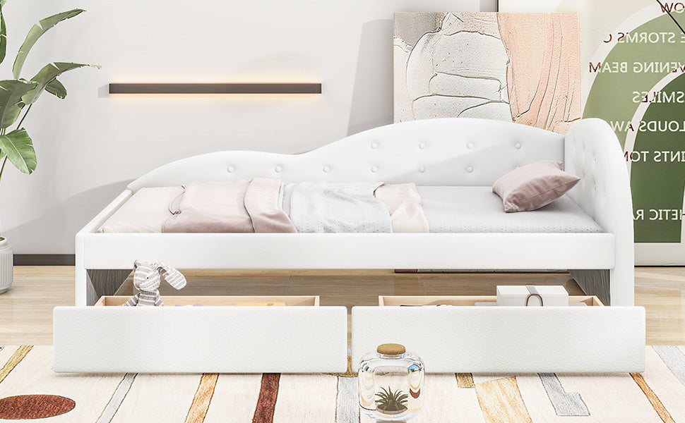 Twin Size PU Upholstered Tufted Daybed with Two Drawers and Cloud Shaped Guardrail, White