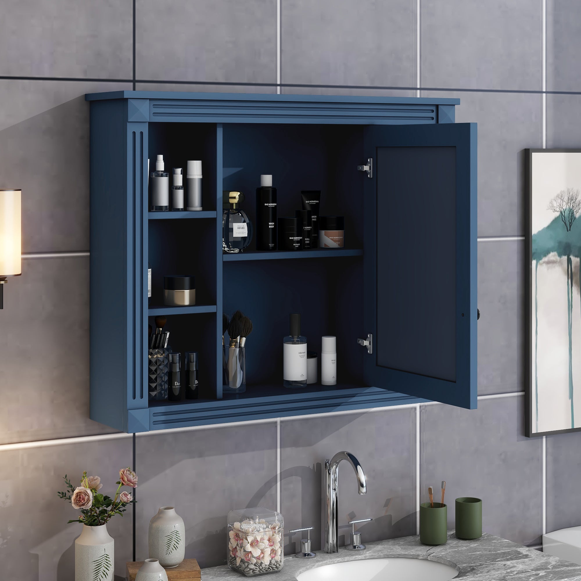35'' x 28'' Royal Blue Wall Mounted Bathroom Storage Cabinet, Modern Bathroom Wall Cabinet with Mirror, Mirror Cabinet with 6 Open Shelves