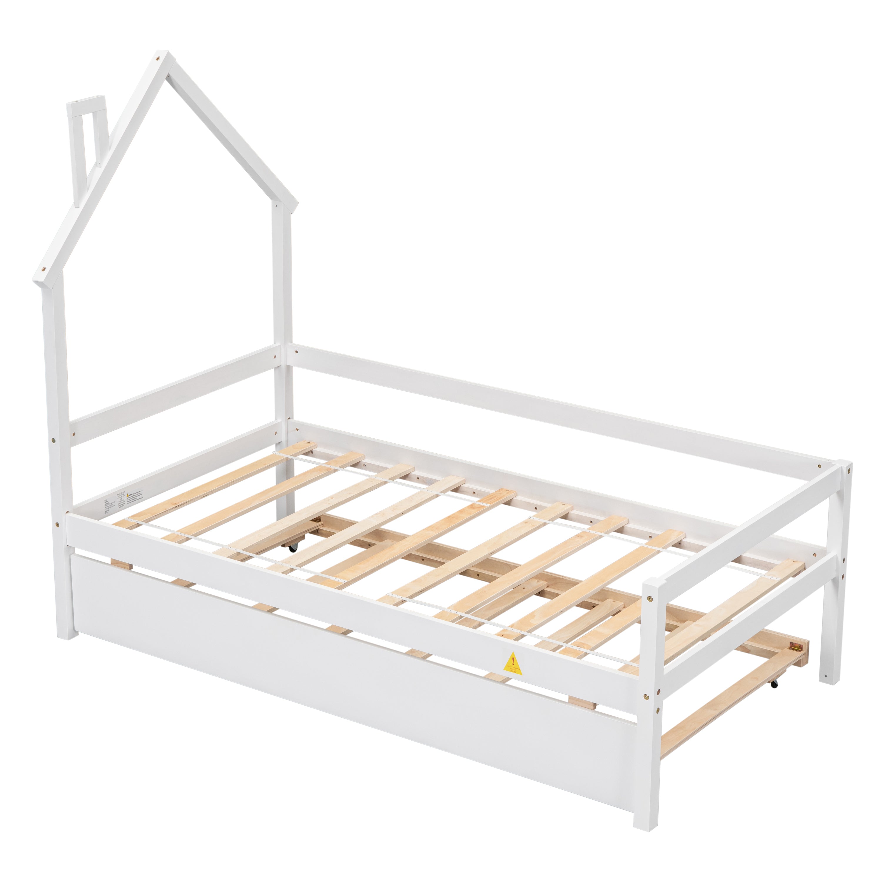 Twin Wooden Daybed with trundle, Twin House-Shaped Headboard bed with Guardrails,White