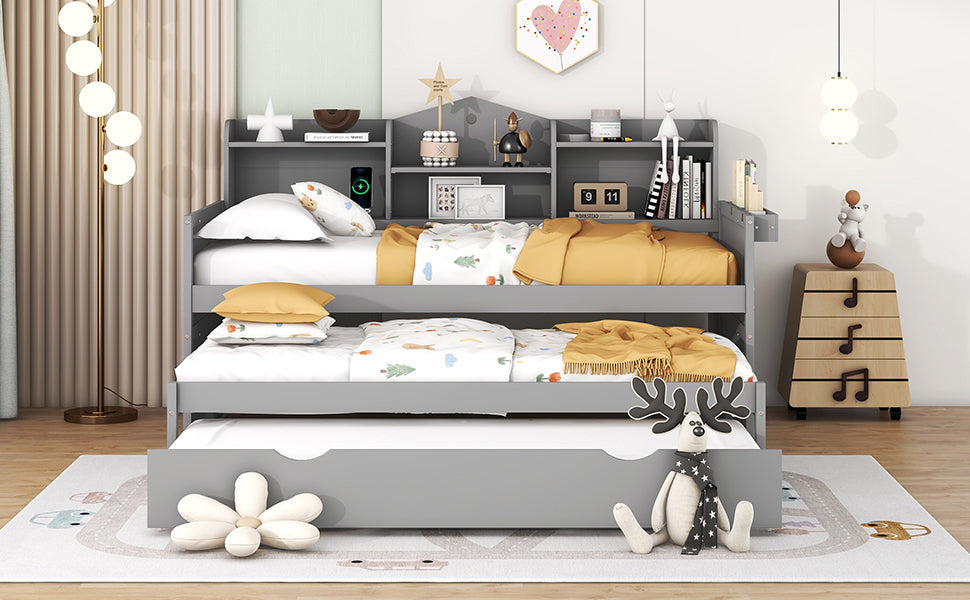 Twin XL Wooden Daybed with 2 Twin Trundles and Storage Shelf, Daybed with USB Charging Ports, No Box-spring Needed, Gray