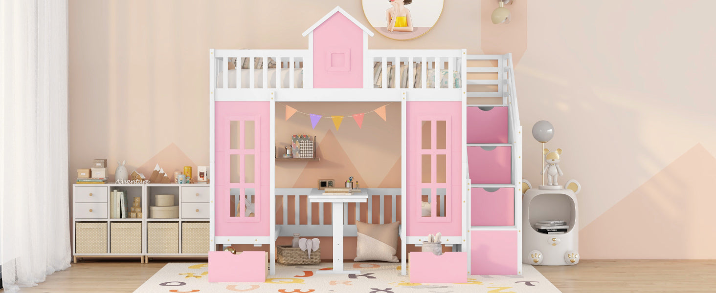 Twin-Over-Twin Bunk Bed with Changeable Table , Bunk Bed Turn into Upper Bed and Down Desk with 2 Drawers - Pink