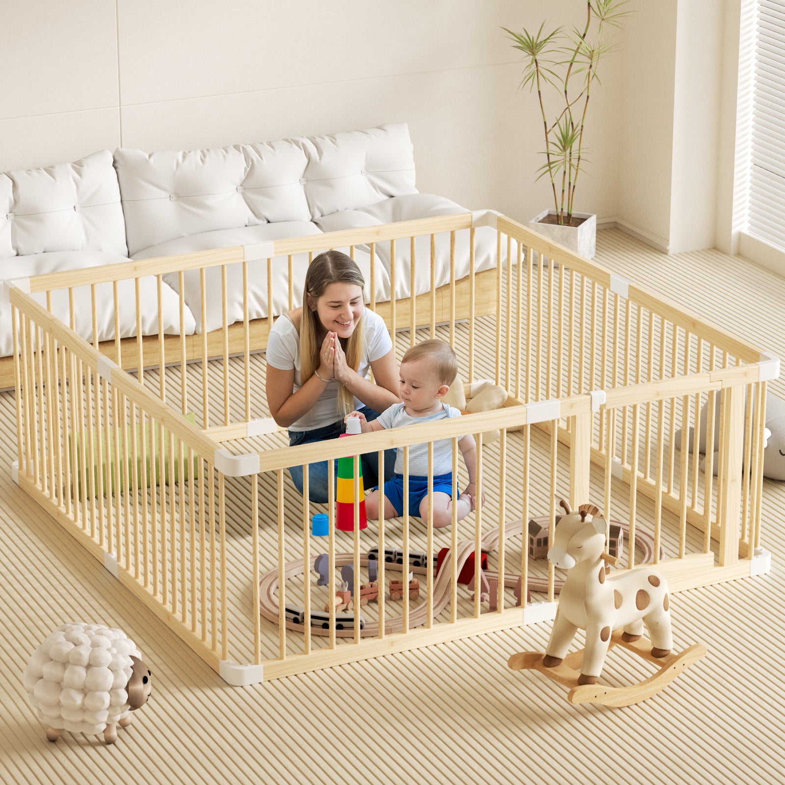 Large Wooden Baby Playpen, Adjustable Gate for Toddler and Babies