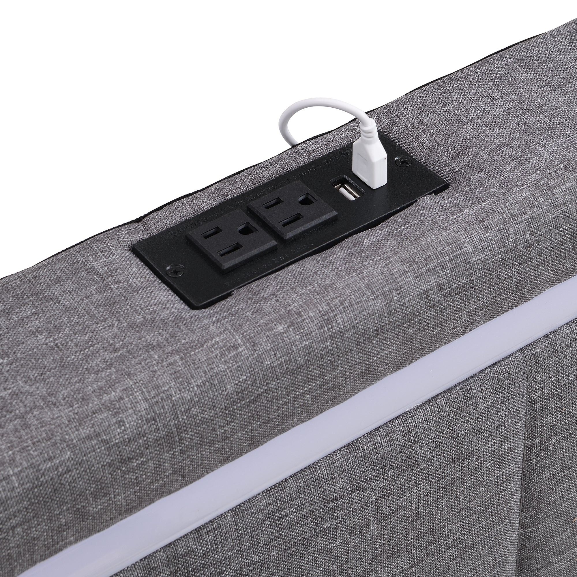 Full Size Upholstered Bed with LED Light and 4 Drawers, Modern Platform Bed with a set of Sockets and USB Ports, Linen Fabric, Gray