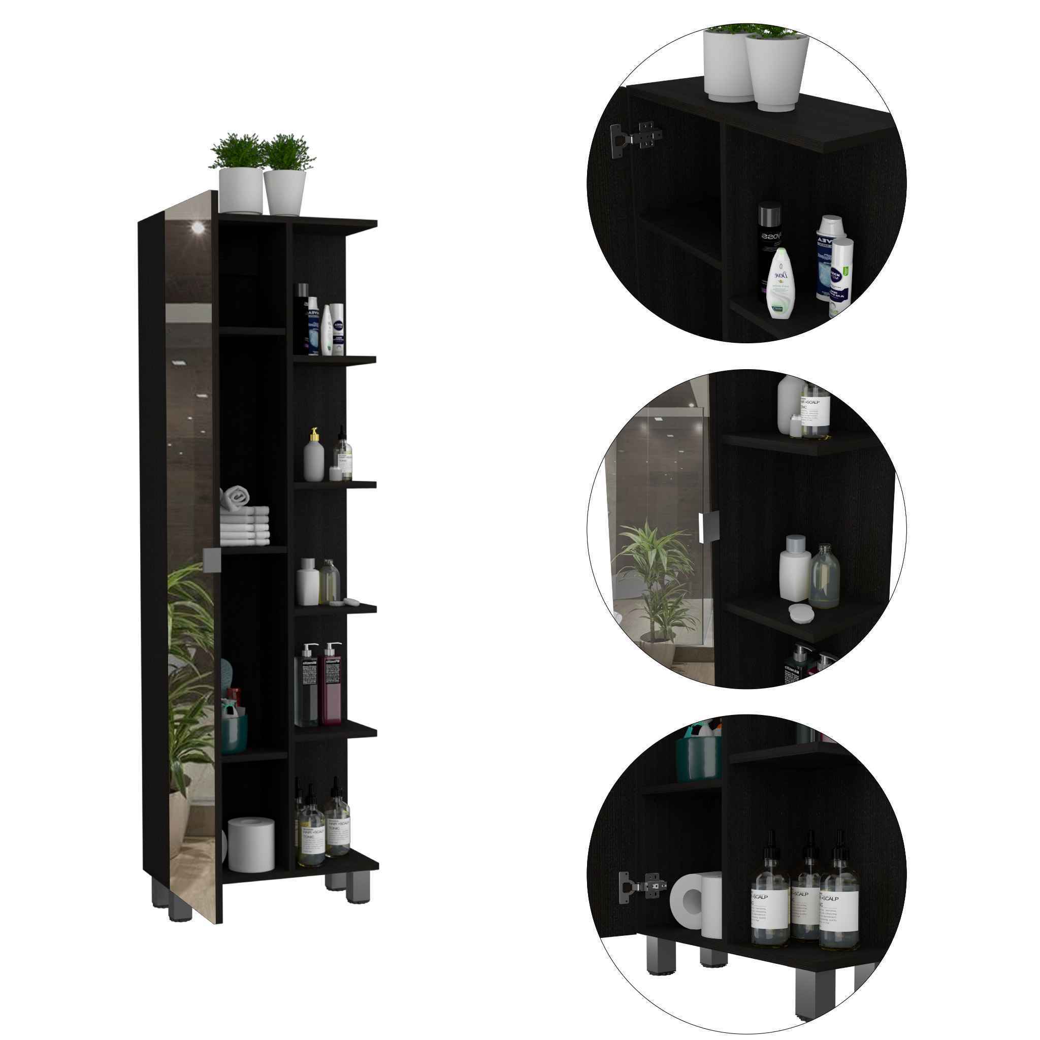 Portland 5-Shelf Linen Cabinet with Mirror Black Wengue