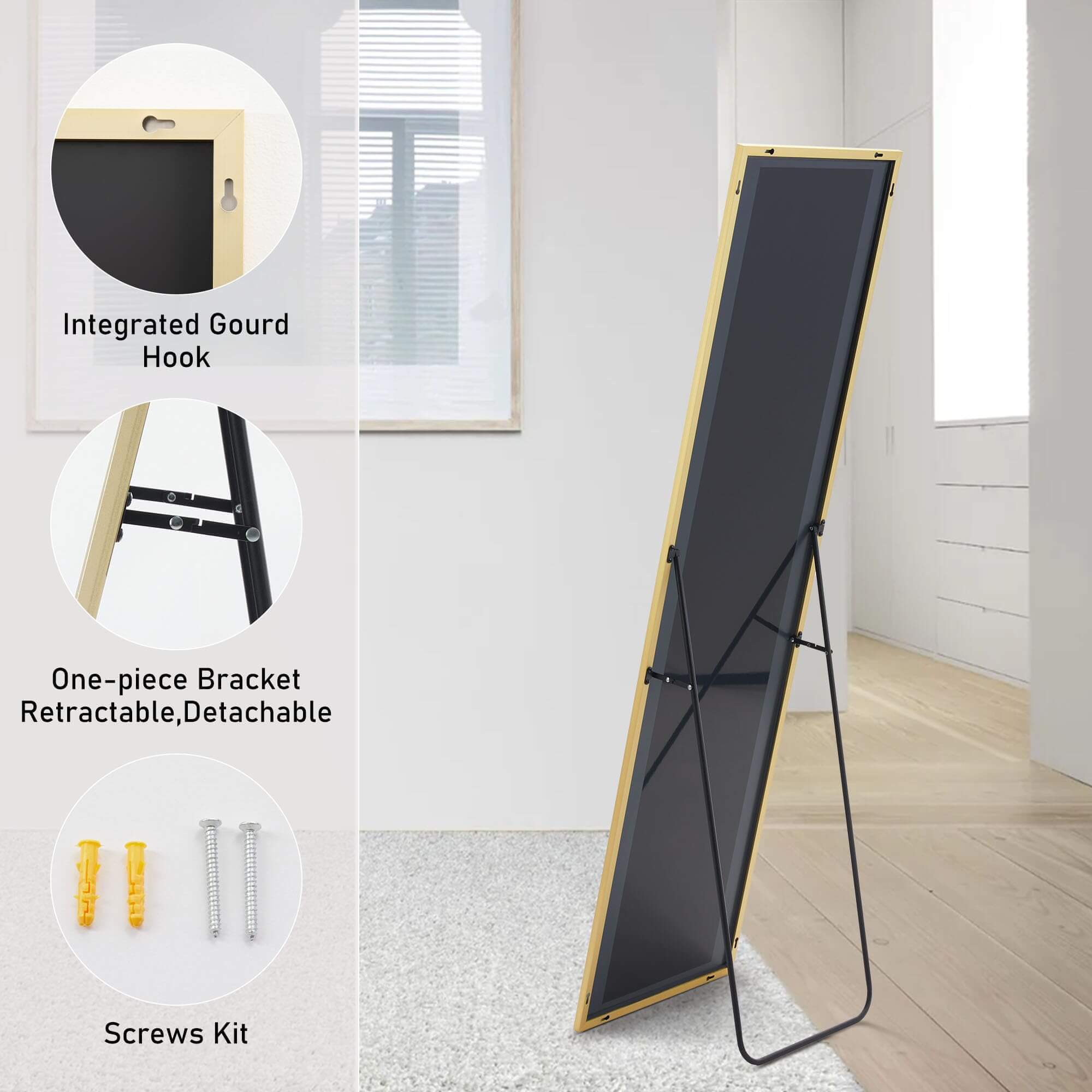 Floor Standing Mirror, Wall Mirror with Stand Aluminum Alloy Thin Frame,30''*71'',Gold-rect