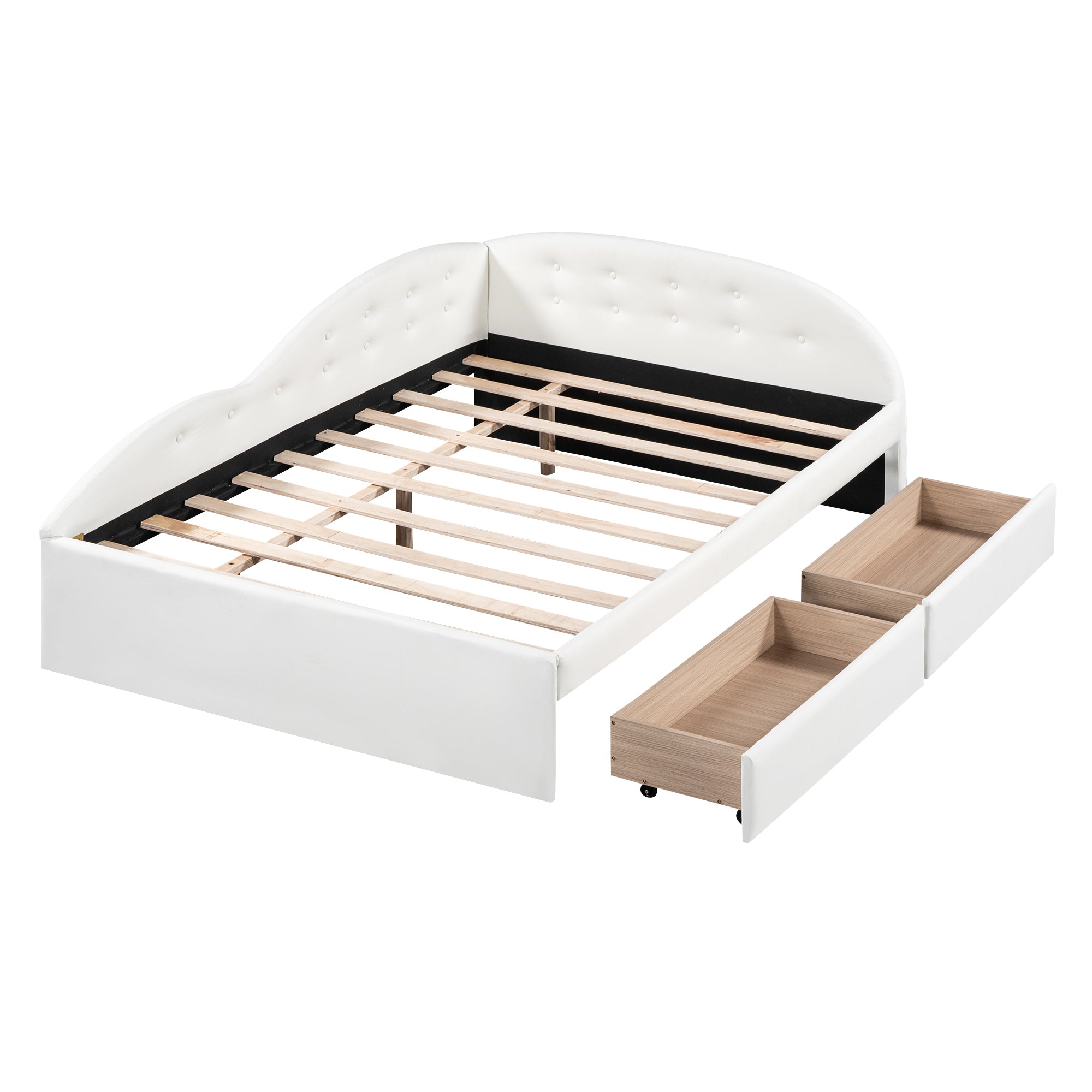 Full Size PU Upholstered Tufted Daybed with Two Drawers and Cloud Shaped Guardrail, White