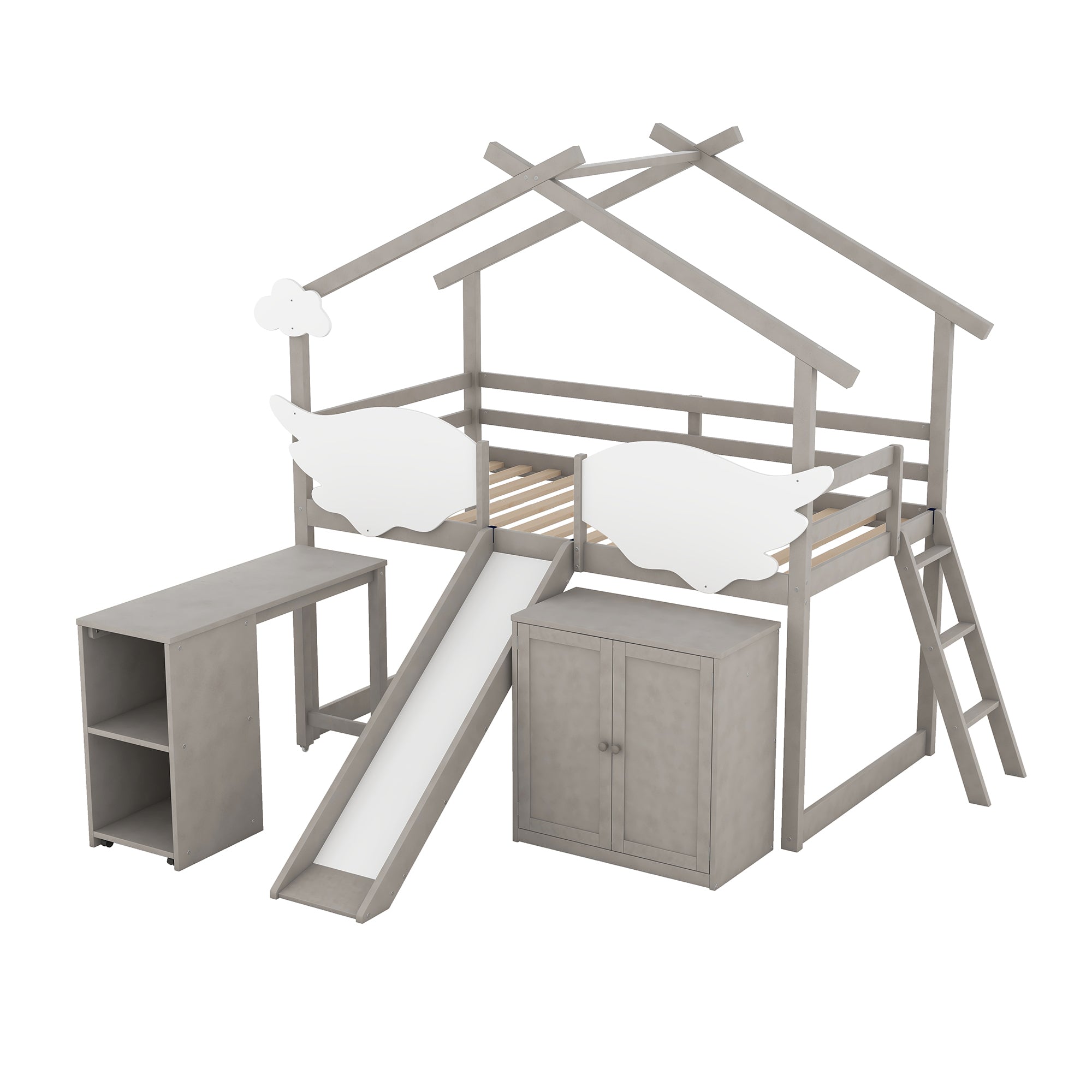 Twin Size House Bed with Wardrobe, Slide and Ladder, Wing-Shaped Fence, Pullable Desk with Storage, Worn Gray+White