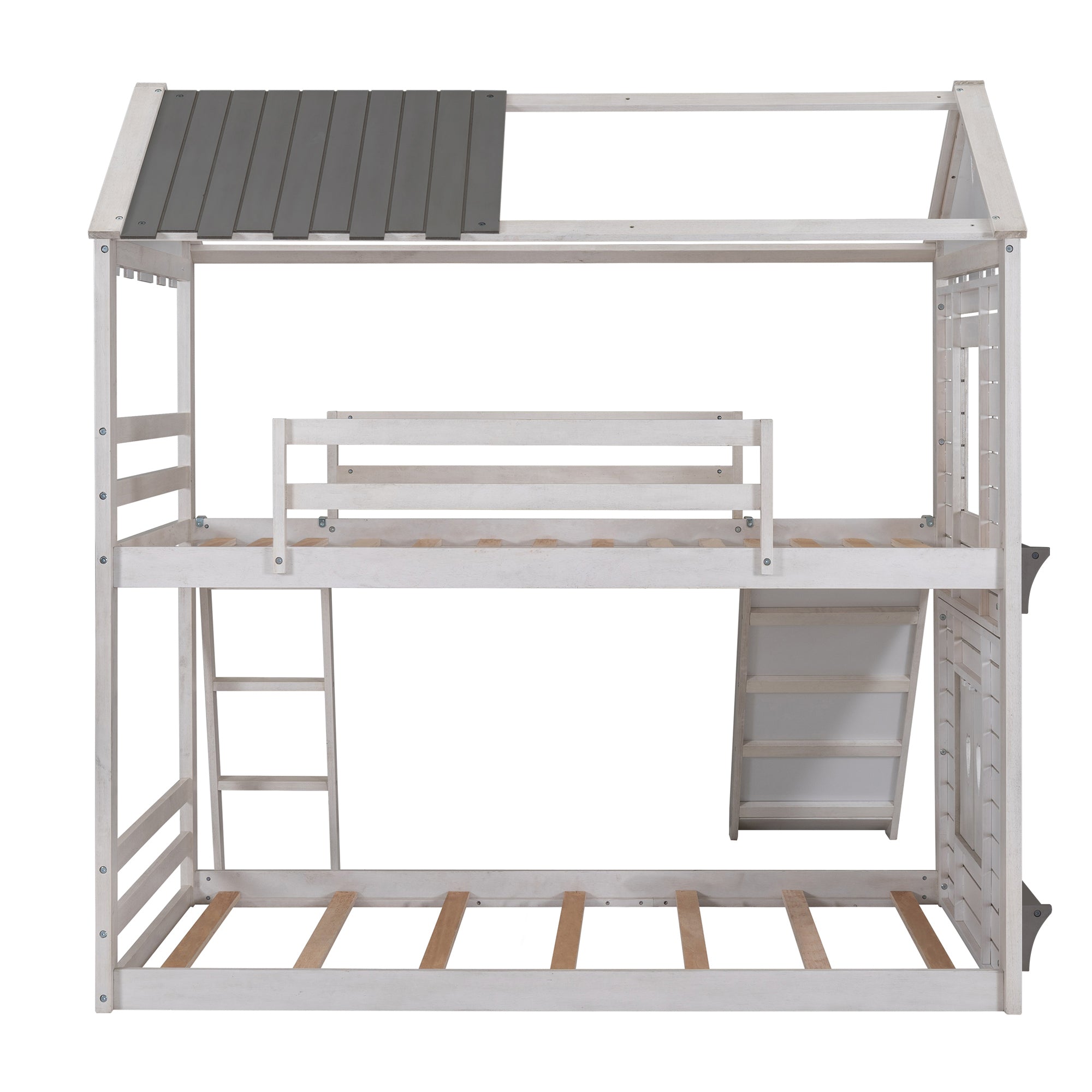 Twin Over Twin Bunk Bed Wood Bed with Roof, Window, Slide, Ladder ,Antique White(OLD SKU:LP000059AAK)