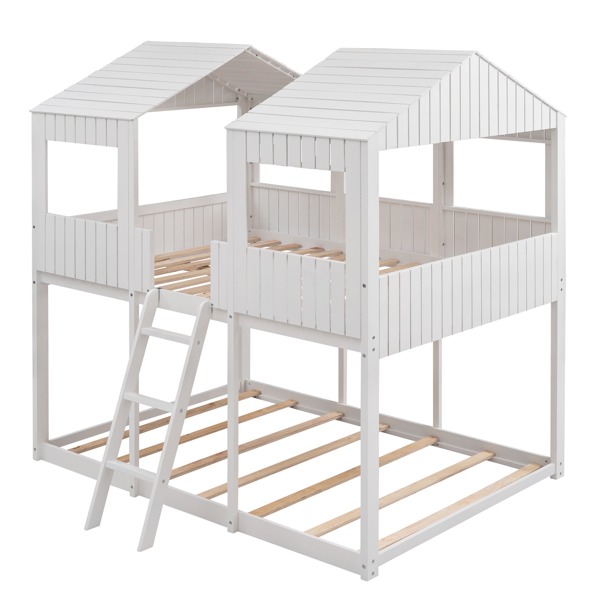Full Over Full WoodBunk Bed with Roof, Window, Guardrail, Ladder(White)( old sku: LT000031AAK )