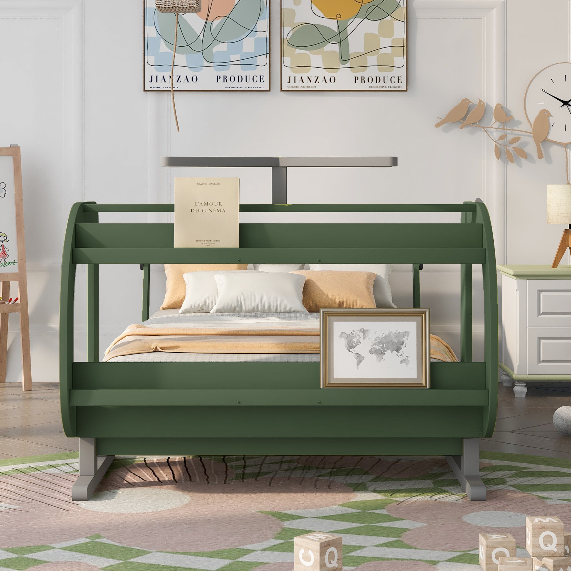 Twin Size Plane Shaped Platform Bed with Rotatable Propeller and Shelves, Green
