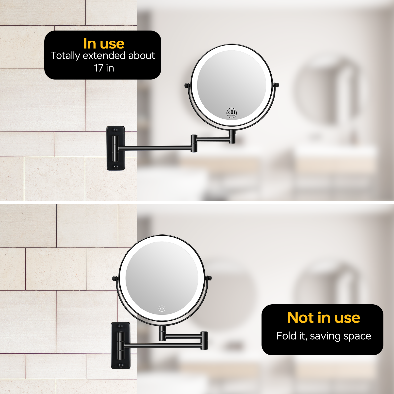 8 Inch Wall-Mounted Makeup Mirror, Double Sided 1x/10x Magnifying Makeup Mirror, 3 Colour Lights Touch Screen Dimmable Bathroom Mirror, 360° Swivel Vanity Mirror Built-In Battery (Black)