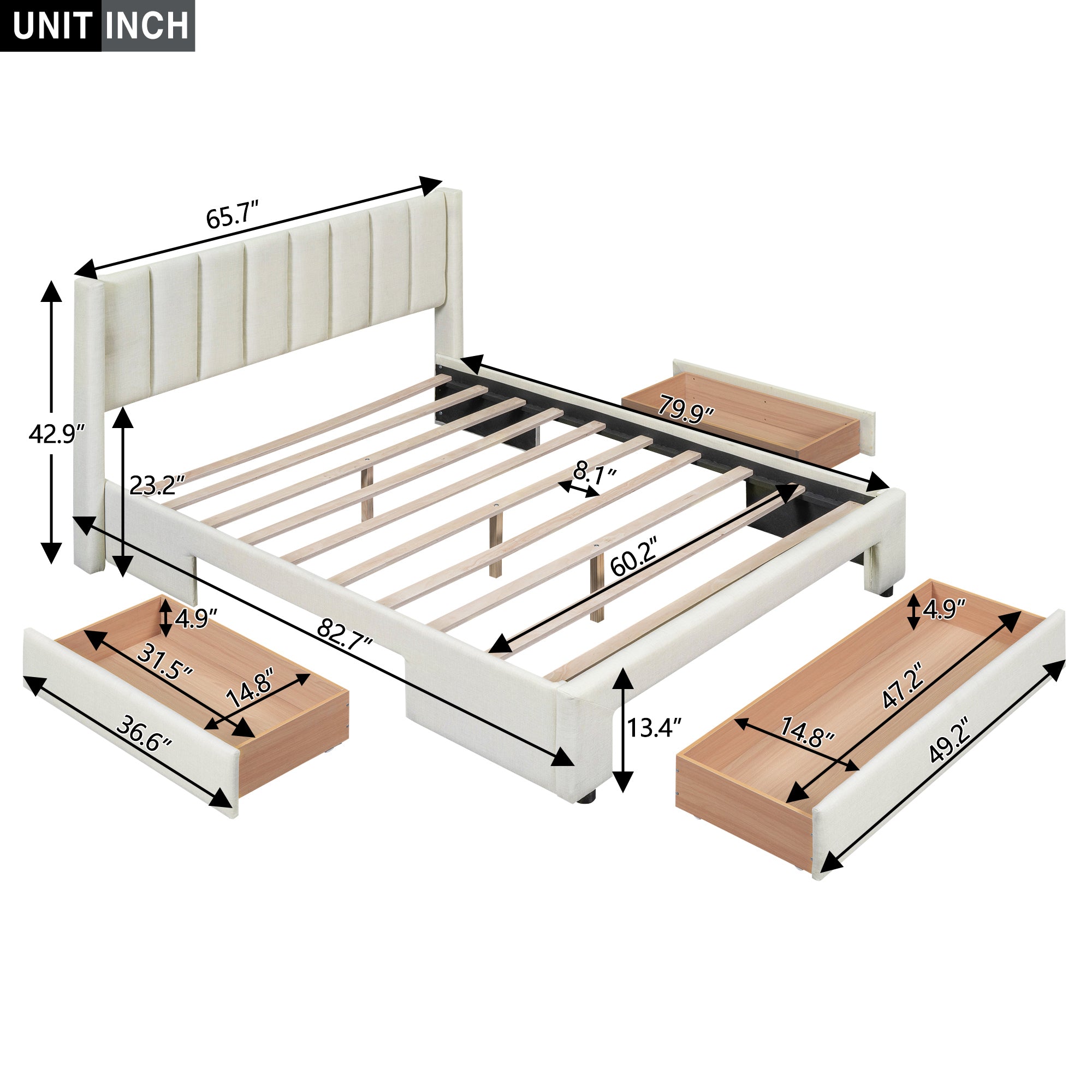 Full Size Upholstered Platform Bed with One Large Drawer in the Footboard and Drawer on Each Side,Beige
