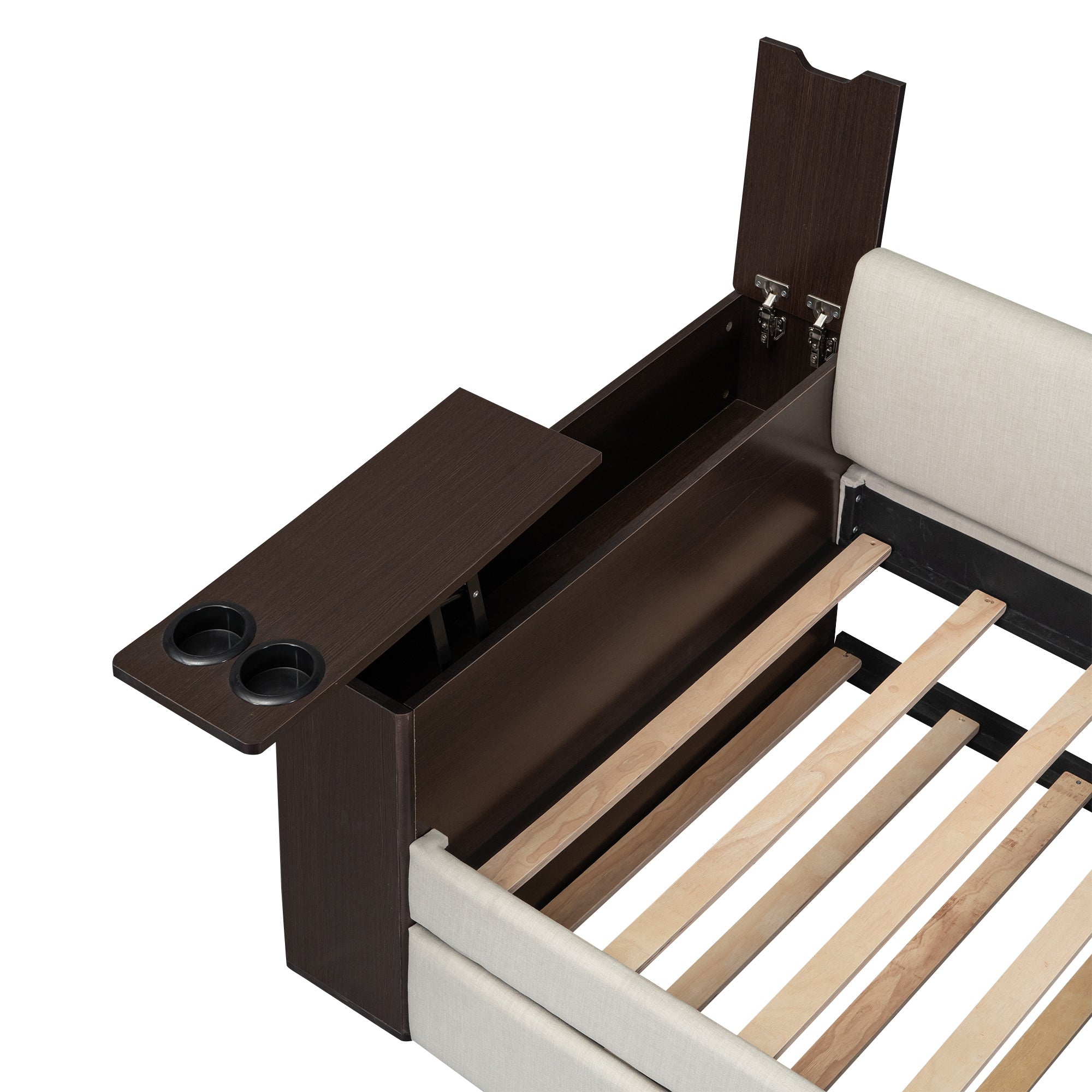 Twin Size Upholstery Daybed with Storage Arm, Trundle, Cup Holder and USB Design, Beige