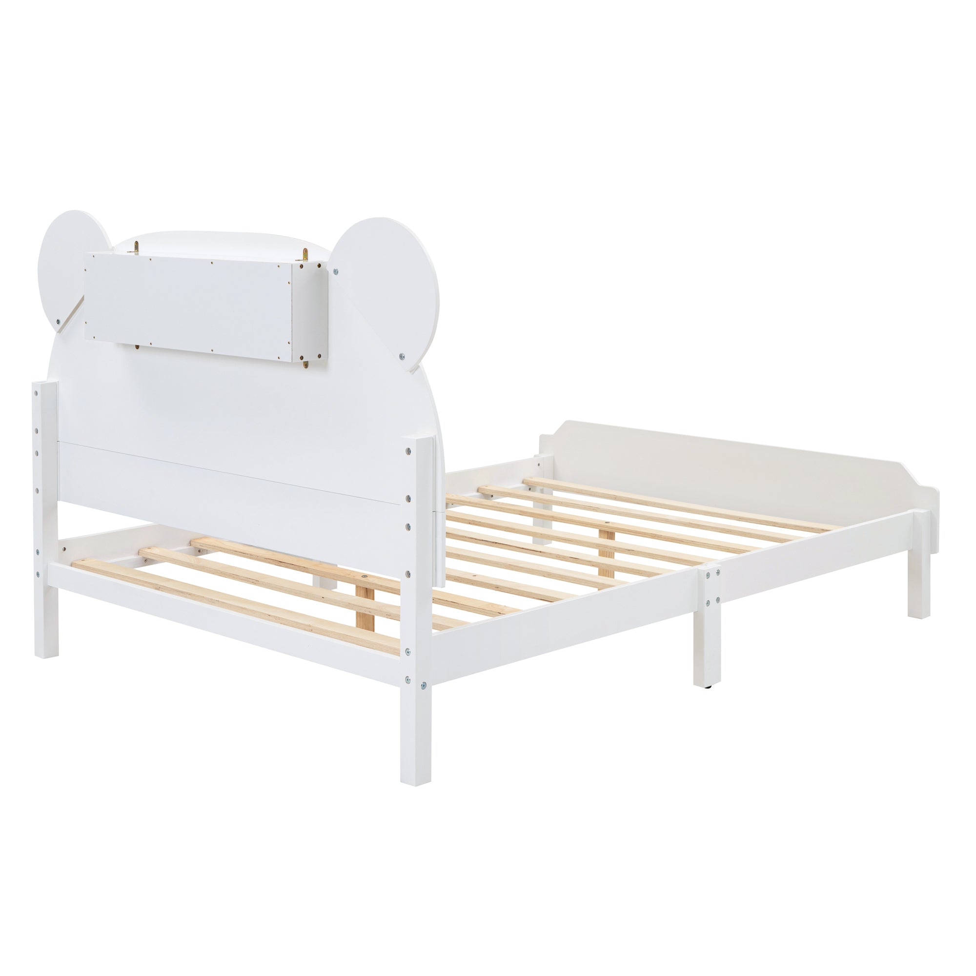 Full Size Wood Platform Bed with Bear-shaped Headboard,Bed with Motion Activated Night Lights,White