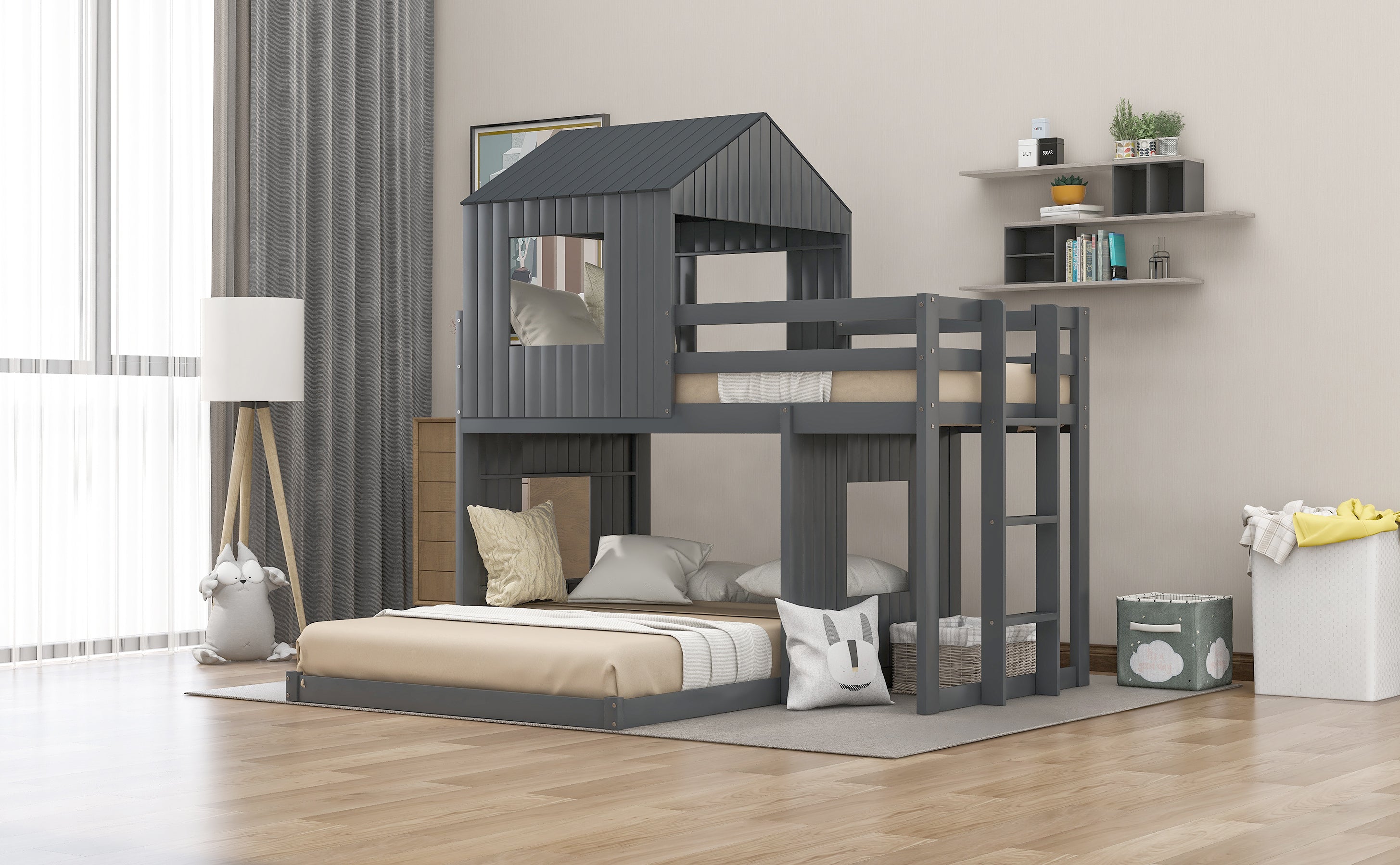 Wooden Twin Over Full Bunk Bed, Loft Bed with Playhouse, Farmhouse, Ladder and Guardrails , Gray( old sku: LT000027AAN )