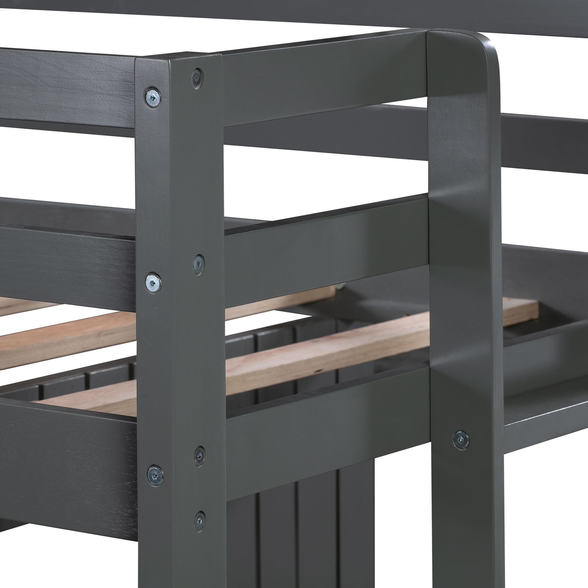 Wooden Twin Over Full Bunk Bed, Loft Bed with Playhouse, Farmhouse, Ladder and Guardrails , Gray( old sku: LT000027AAN )