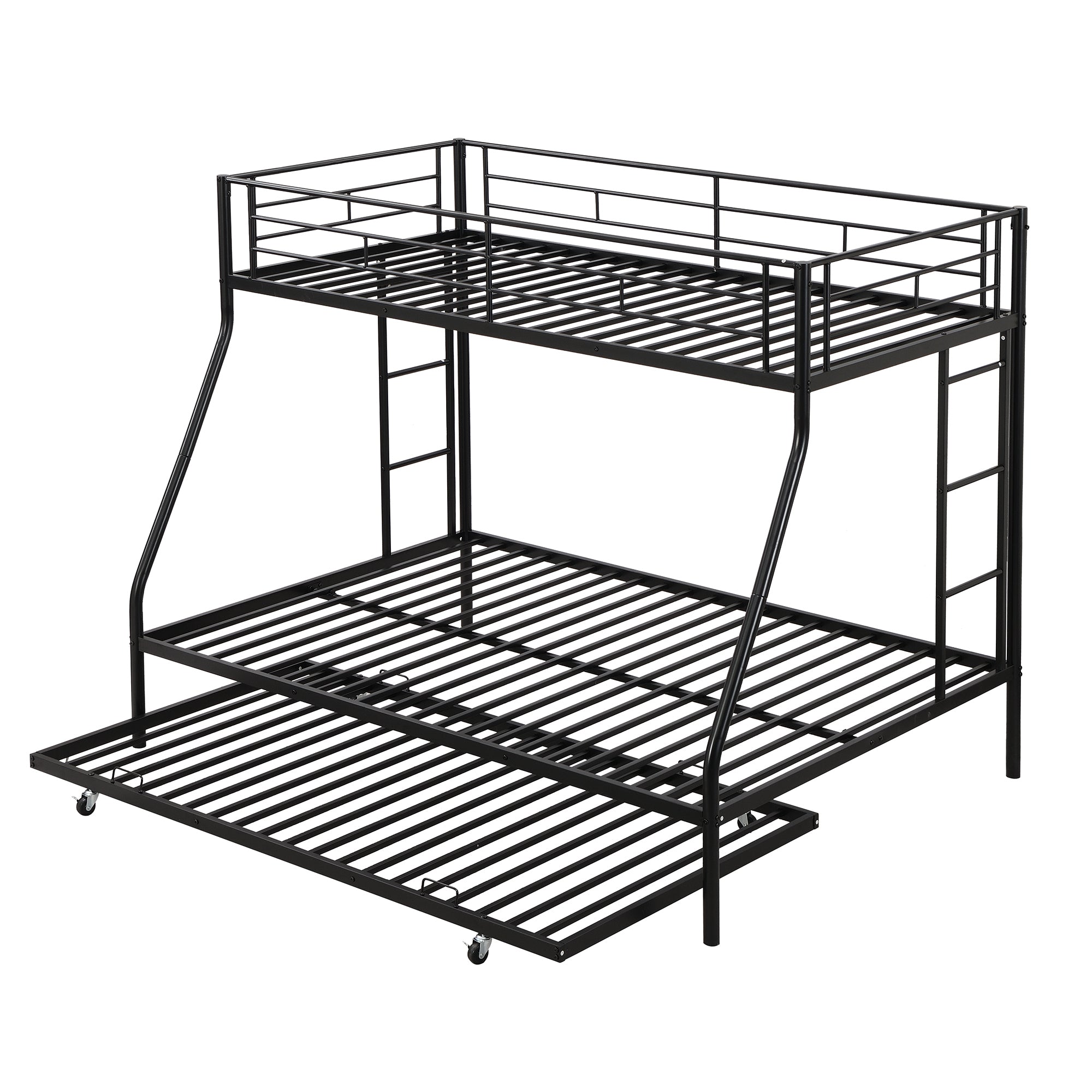 Twin over Full Bed with Sturdy Steel Frame, Bunk Bed with Twin Size Trundle, Two-Side Ladders, Black