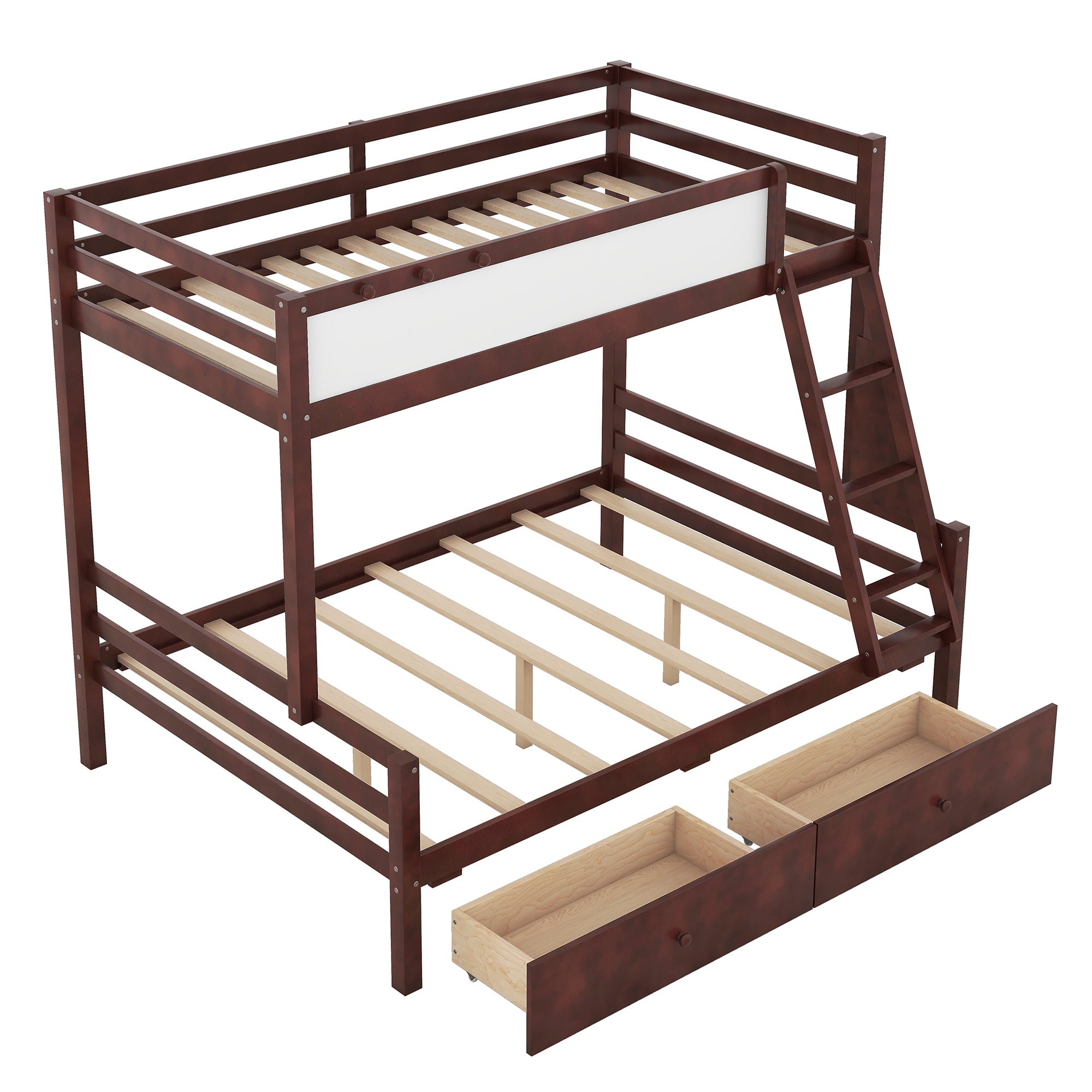 Wood Twin over Full Bunk Bed with Whiteboard, 3 Hooks and 2 Drawers, Espresso