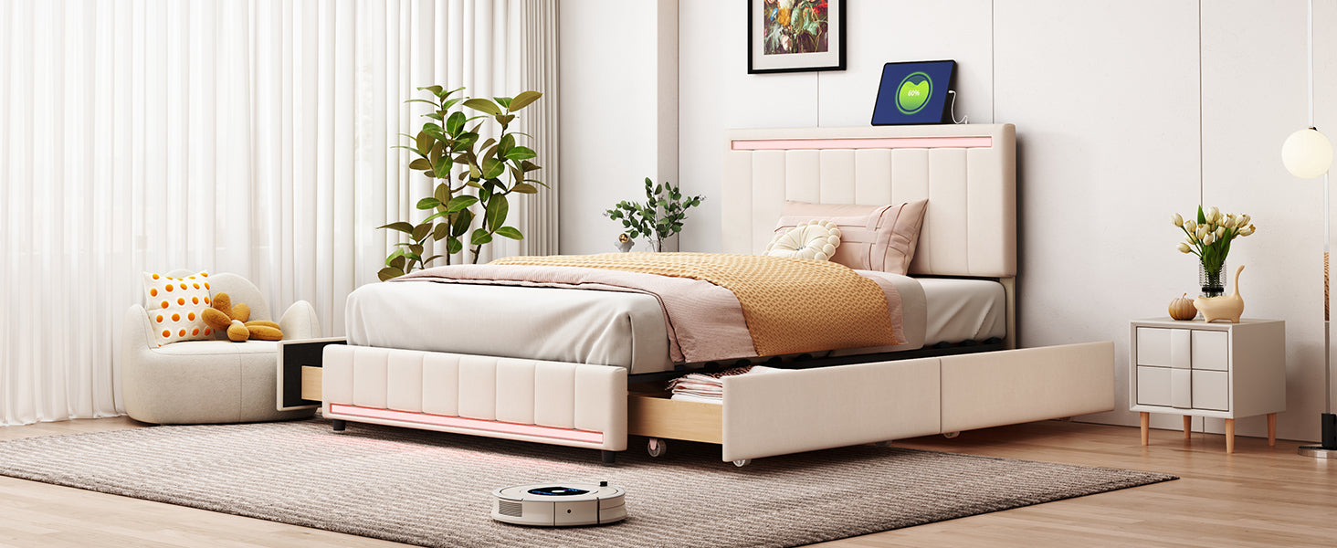 Full Size Upholstered Bed with LED Light and 4 Drawers, Modern Platform Bed with a set of Sockets and USB Ports, Linen Fabric, Beige