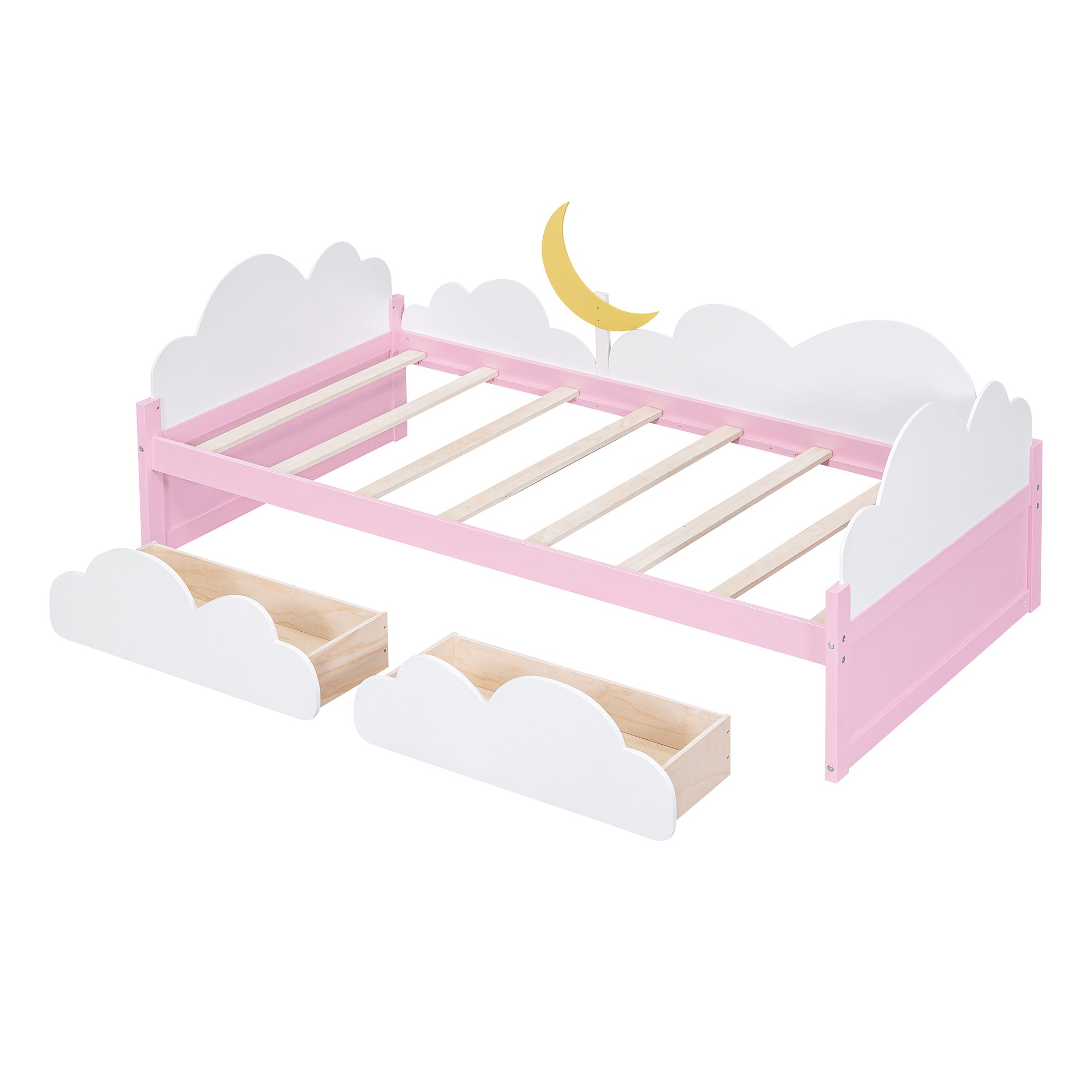 Twin Size Bed with Moon Decor, Platform Bed with 2 Drawers (White+Pink)