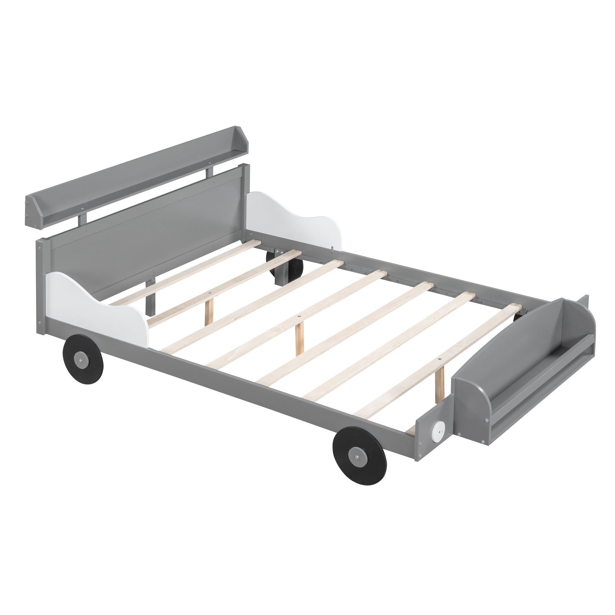 Full Size Car-Shaped Platform Bed,Full Bed with Storage Shelf for Bedroom,Gray